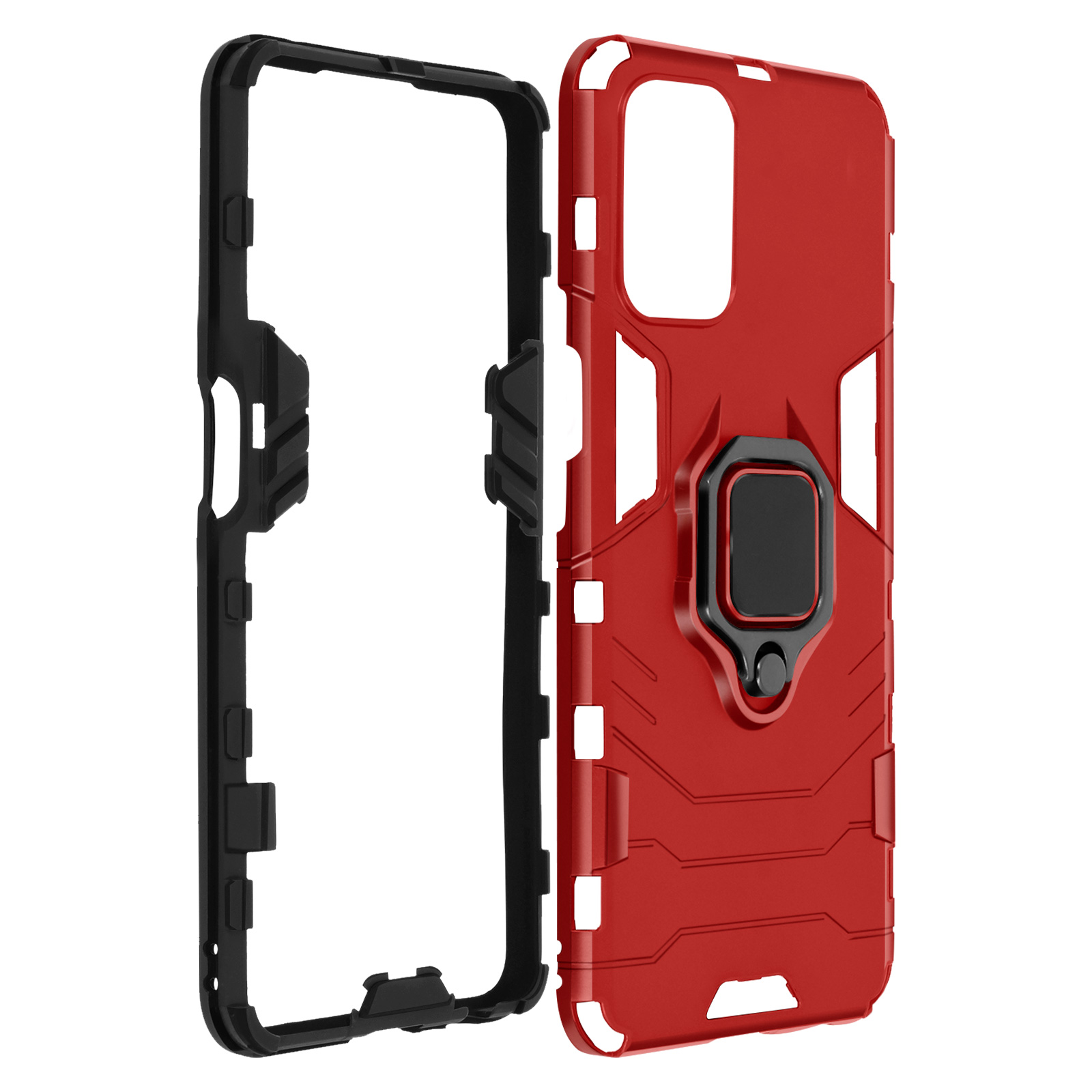Coque de téléphone rouge et noire avec cadre ouvert. Fond noir.