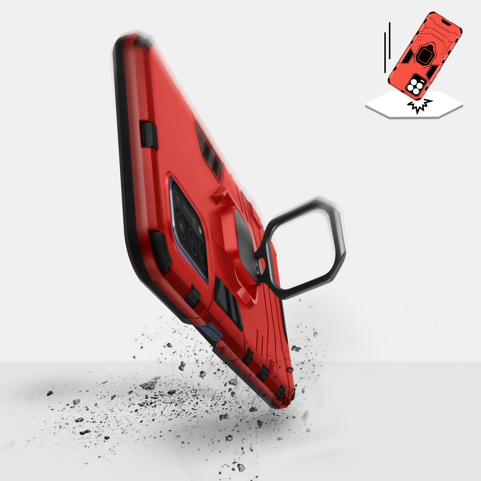 Rode telefoonhoes met ringhouder die valt. Impactbescherming grafisch met gebroken telefoon icoon.
