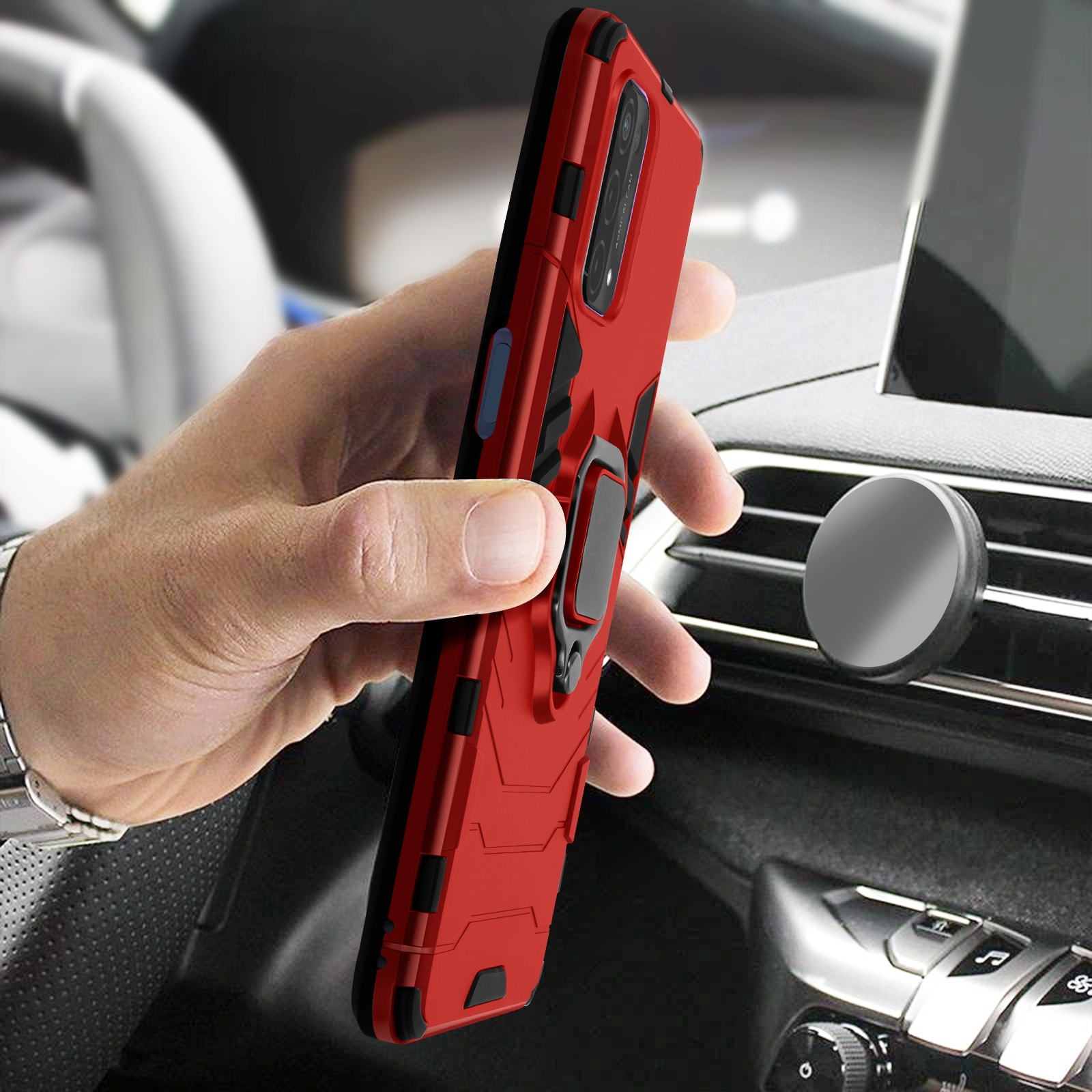 Coque de téléphone rouge avec anneau, tenue dans un habitacle de voiture près d'une ventilation.
