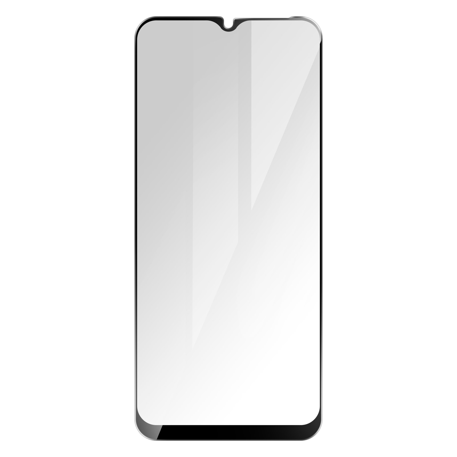 Una protezione schermo rettangolare trasparente per smartphone, con bordo nero. Ha una piccola tacca nella parte superiore centrale.