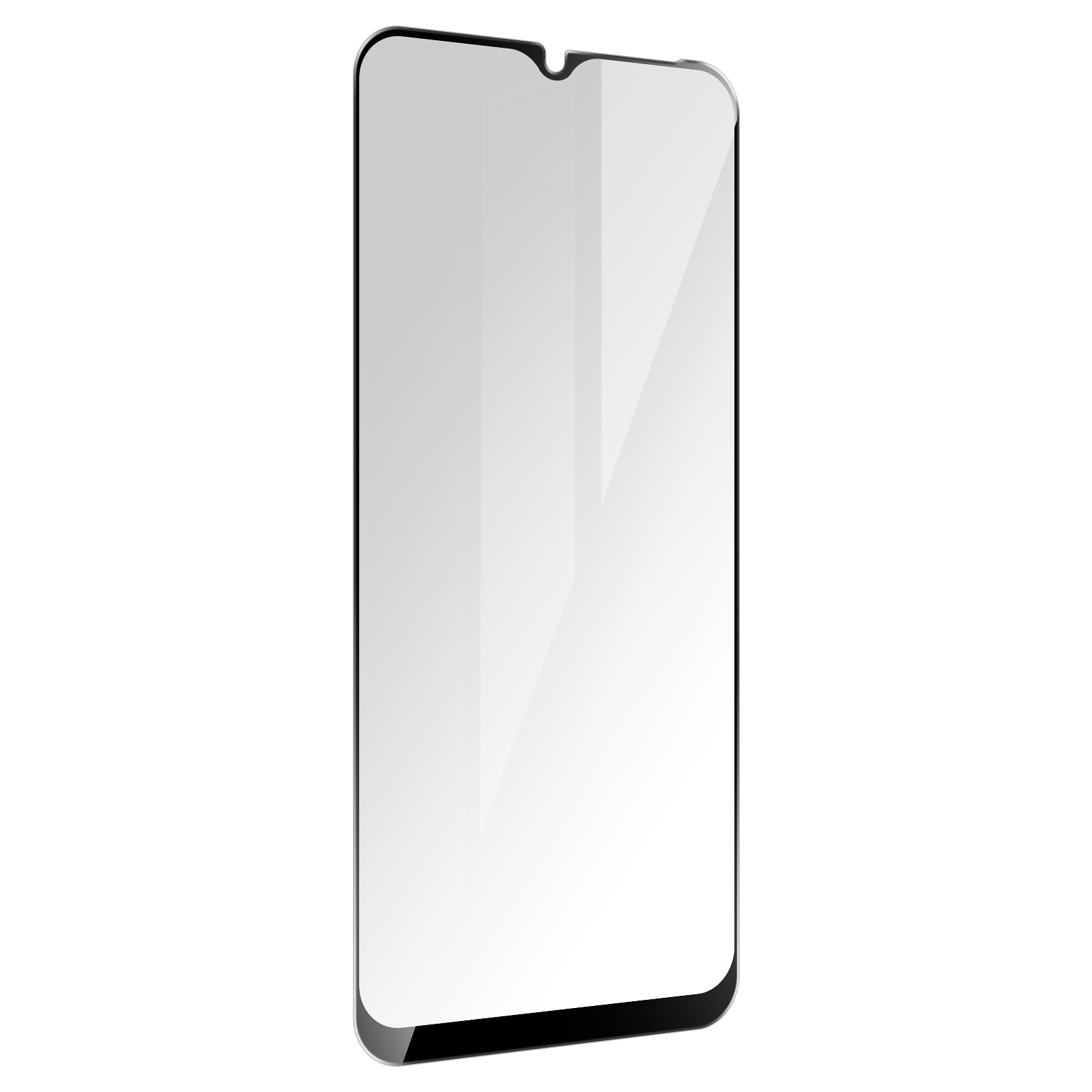 Un proteggi schermo rettangolare per smartphone. È trasparente con bordi neri e un notch in alto.