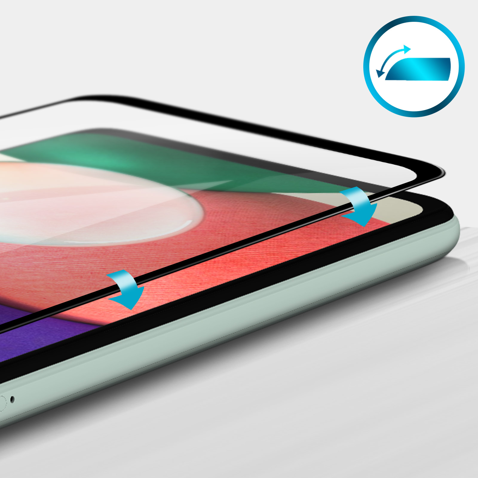 Un telefono con protezione schermo applicata. Frecce blu indicano l'applicazione. Icona mostra l'applicazione di una protezione.