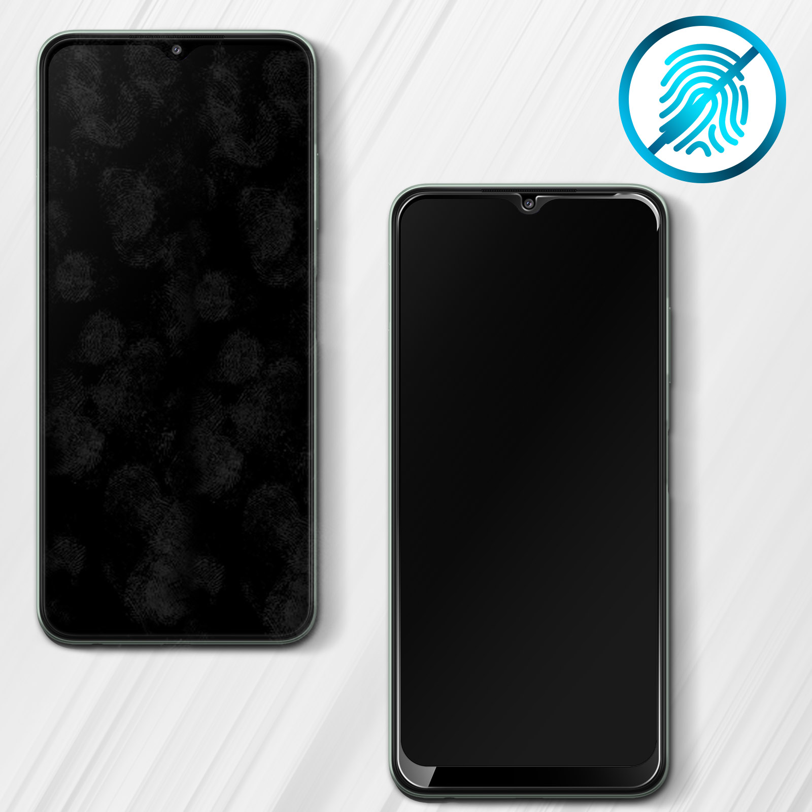 Due smartphone, uno con impronte digitali, l'altro pulito. Un simbolo di impronta digitale barrato sullo sfondo.