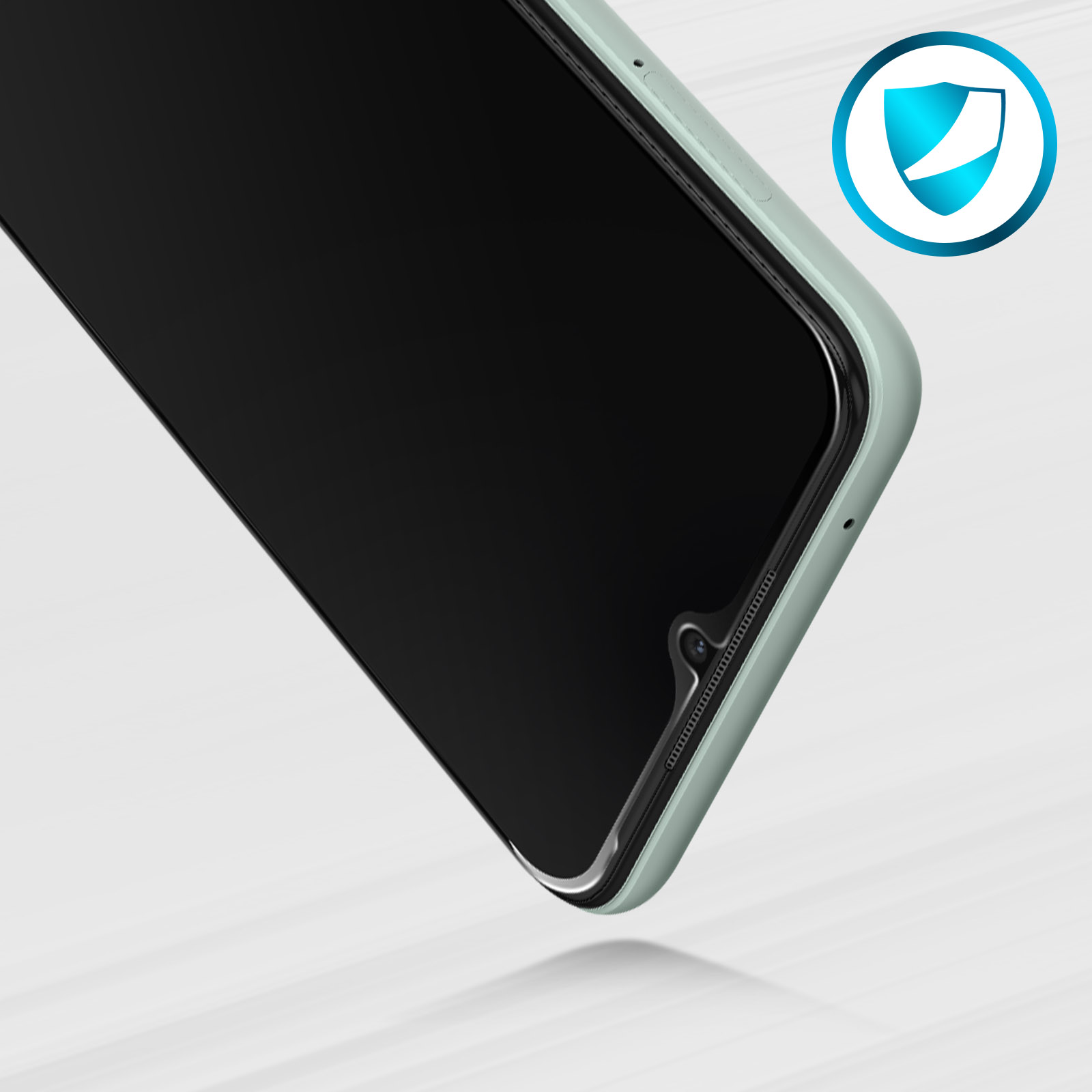 Primo piano di uno smartphone. Lo schermo è nero e la cornice verde chiaro. Un'icona a scudo sullo sfondo.