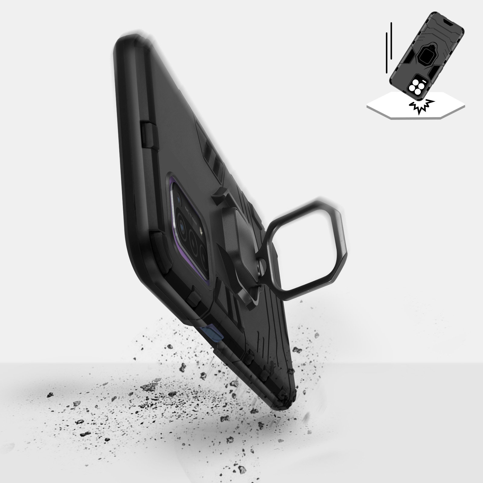 Zwarte telefoonhoes met ring. Telefoon valt. Grijze achtergrond met stof.