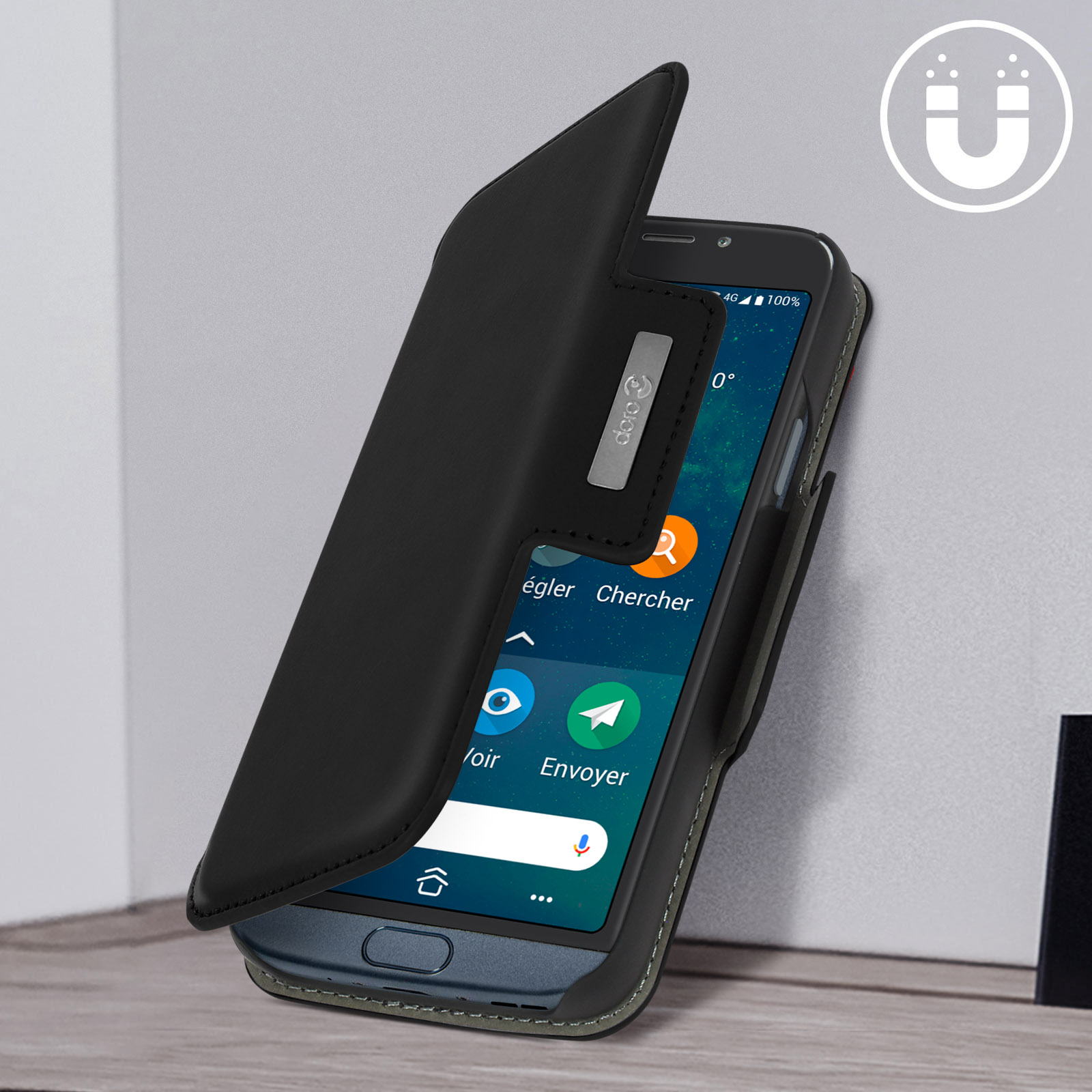 Custodia nera aperta, telefono all'interno. Il telefono mostra uno schermo con icone.