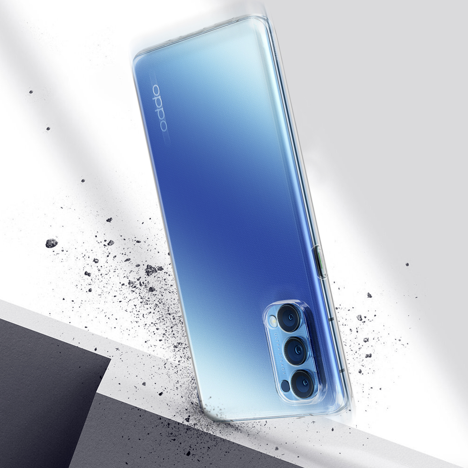 Un telefono con sfumatura blu in una custodia trasparente è angolato su una superficie. Detriti sono intorno al telefono.
