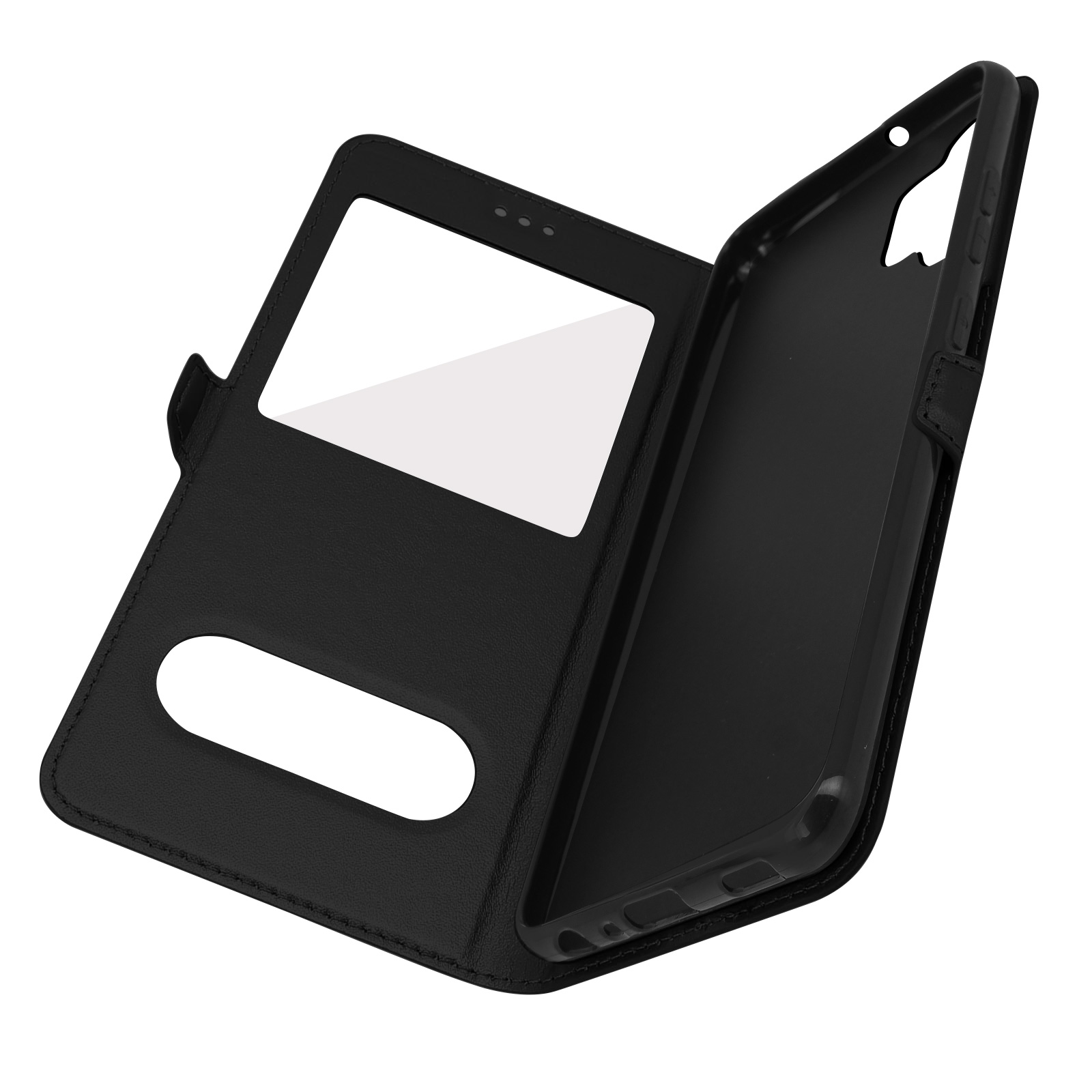 Étui de téléphone noir, ouvert. Fenêtre et trou devant. Support de téléphone vide à l'intérieur.