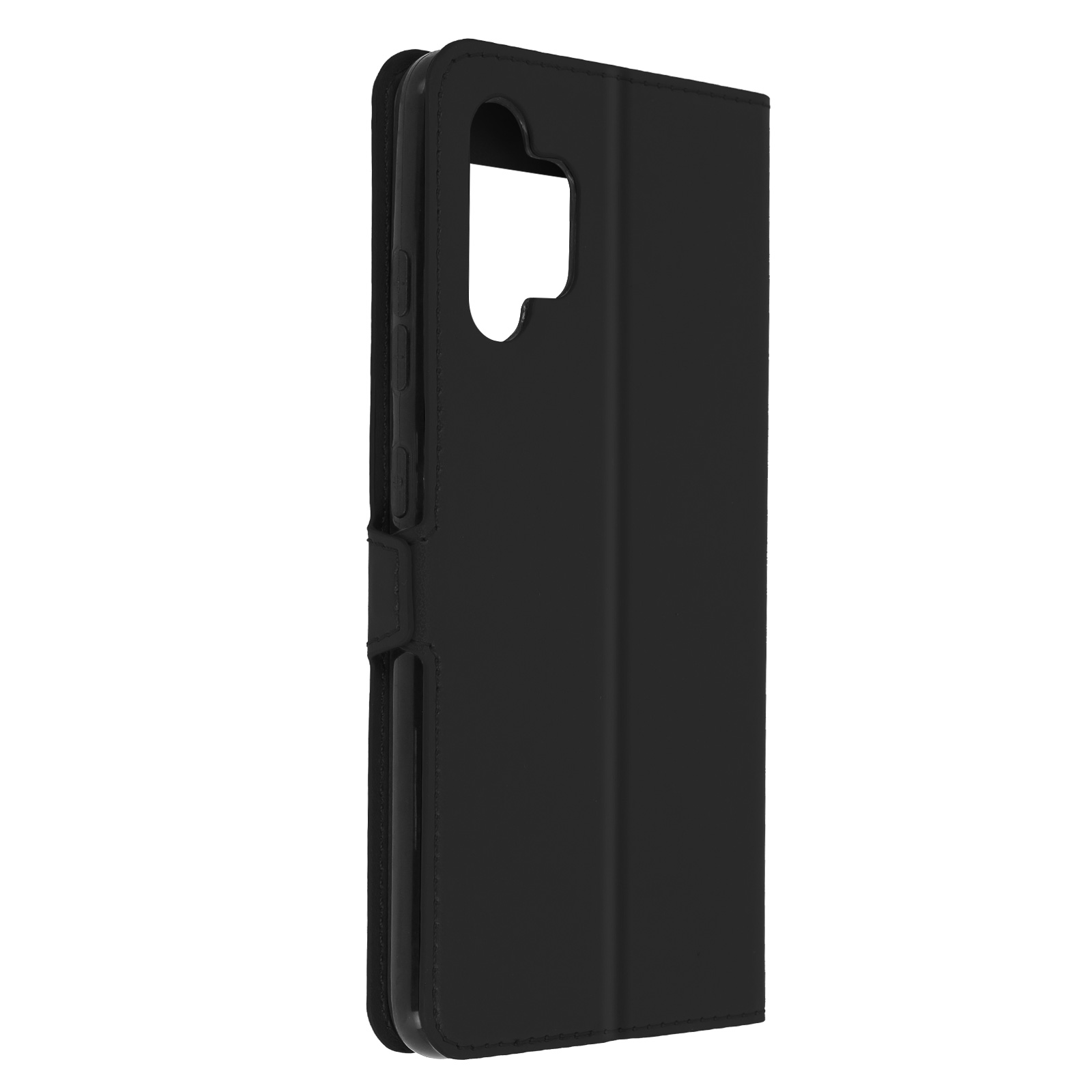 Coque de téléphone noire fermée, montrant le côté avec boutons et trou pour la caméra.
