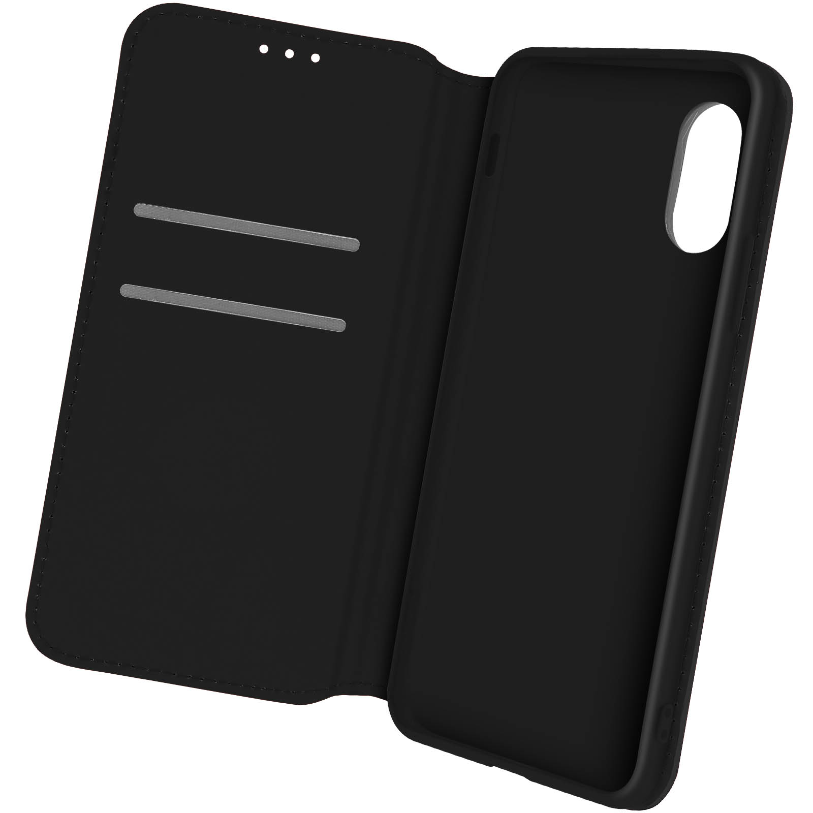 Un étui de téléphone noir ouvert, montrant l'intérieur. Fond blanc.