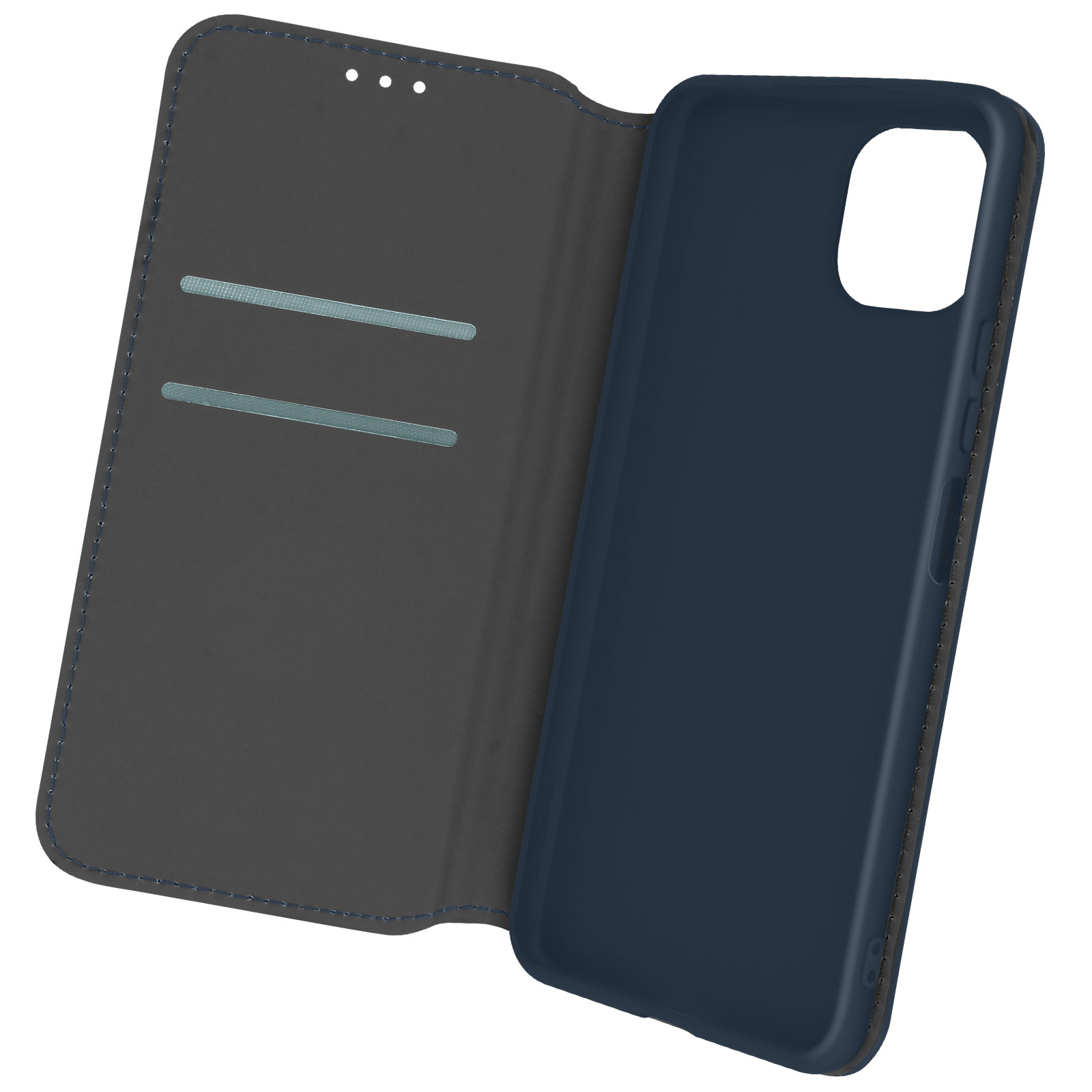 Un étui de téléphone bleu marine est montré ouvert, révélant l'intérieur.