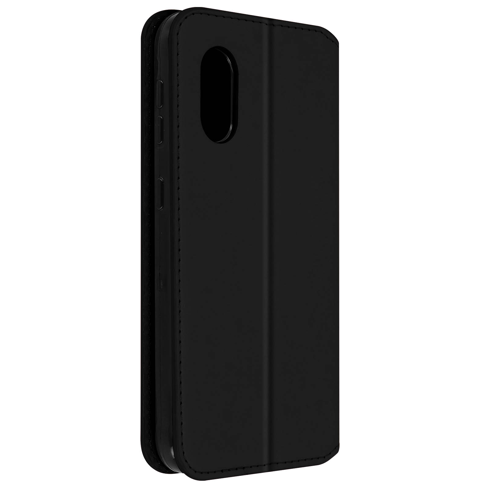 Coque de téléphone noire de style portefeuille, fermée. Elle semble être en cuir, avec des détails de couture.