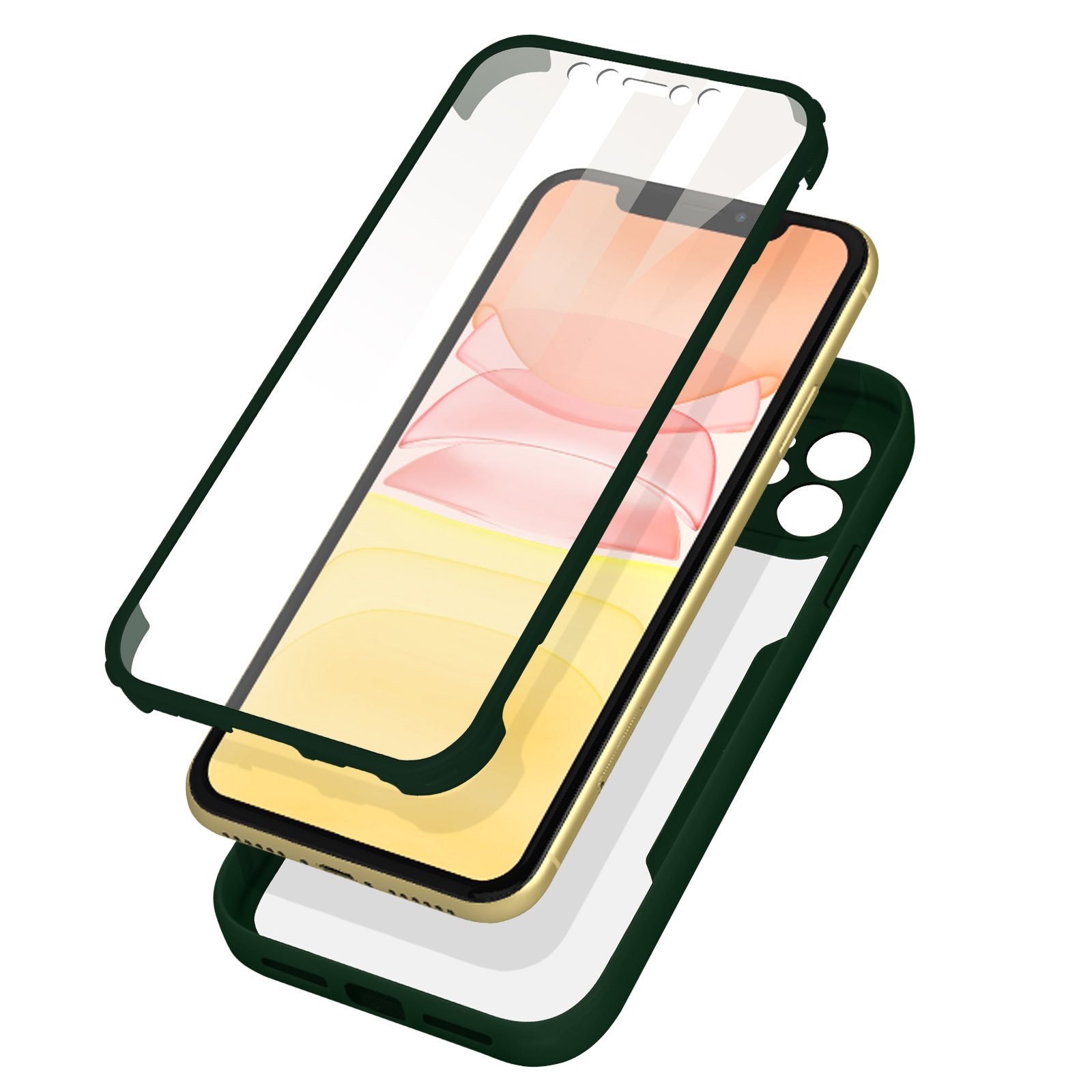 Telefono con custodia con cornice verde, trasparente e dorata. È una vista esplosa.