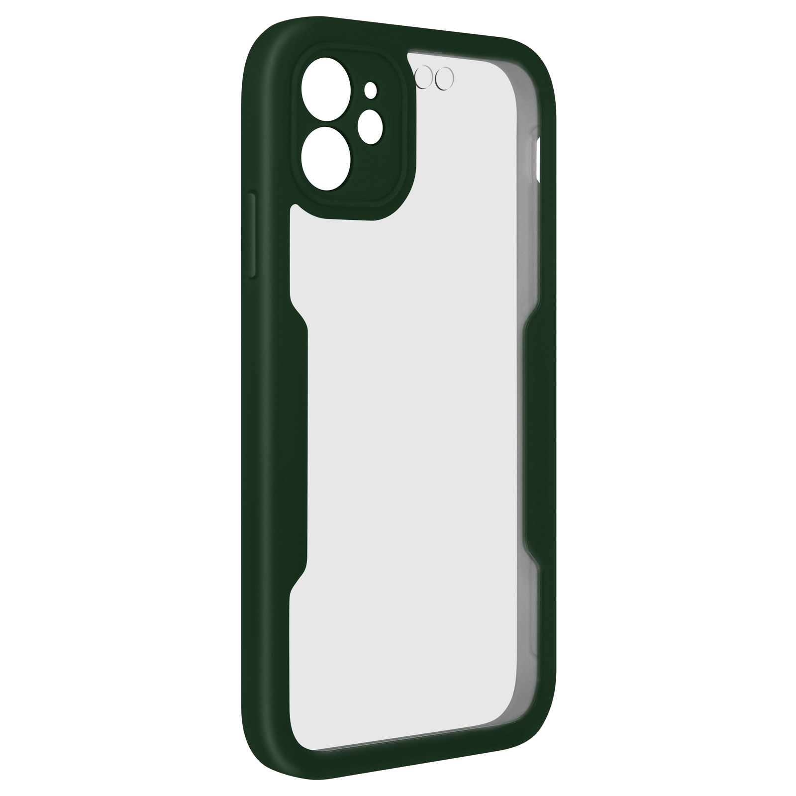 Custodia verde per telefono, retro trasparente. La custodia è vuota, mostrando un retro trasparente.