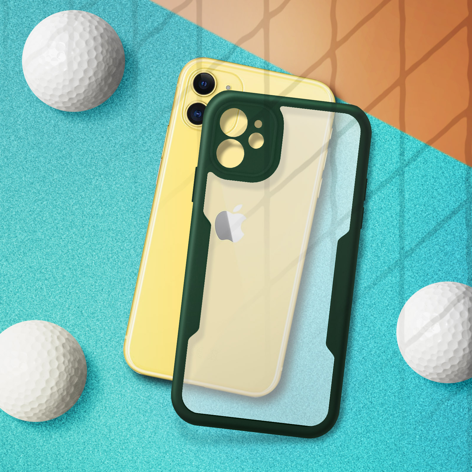 Custodie per telefono su superficie blu e gialla, con palline da golf, luminose e colorate.