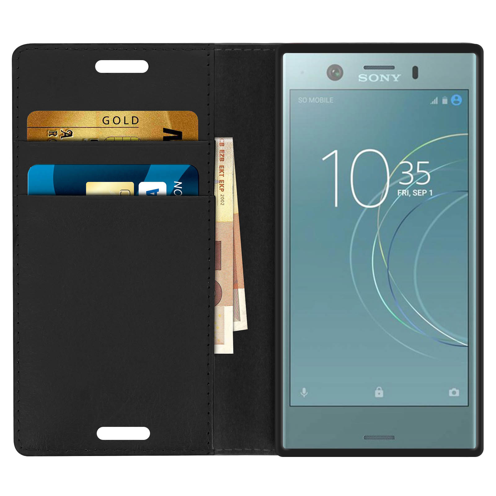 Custodia per telefono nera con una carta oro e blu e alcune banconote.
