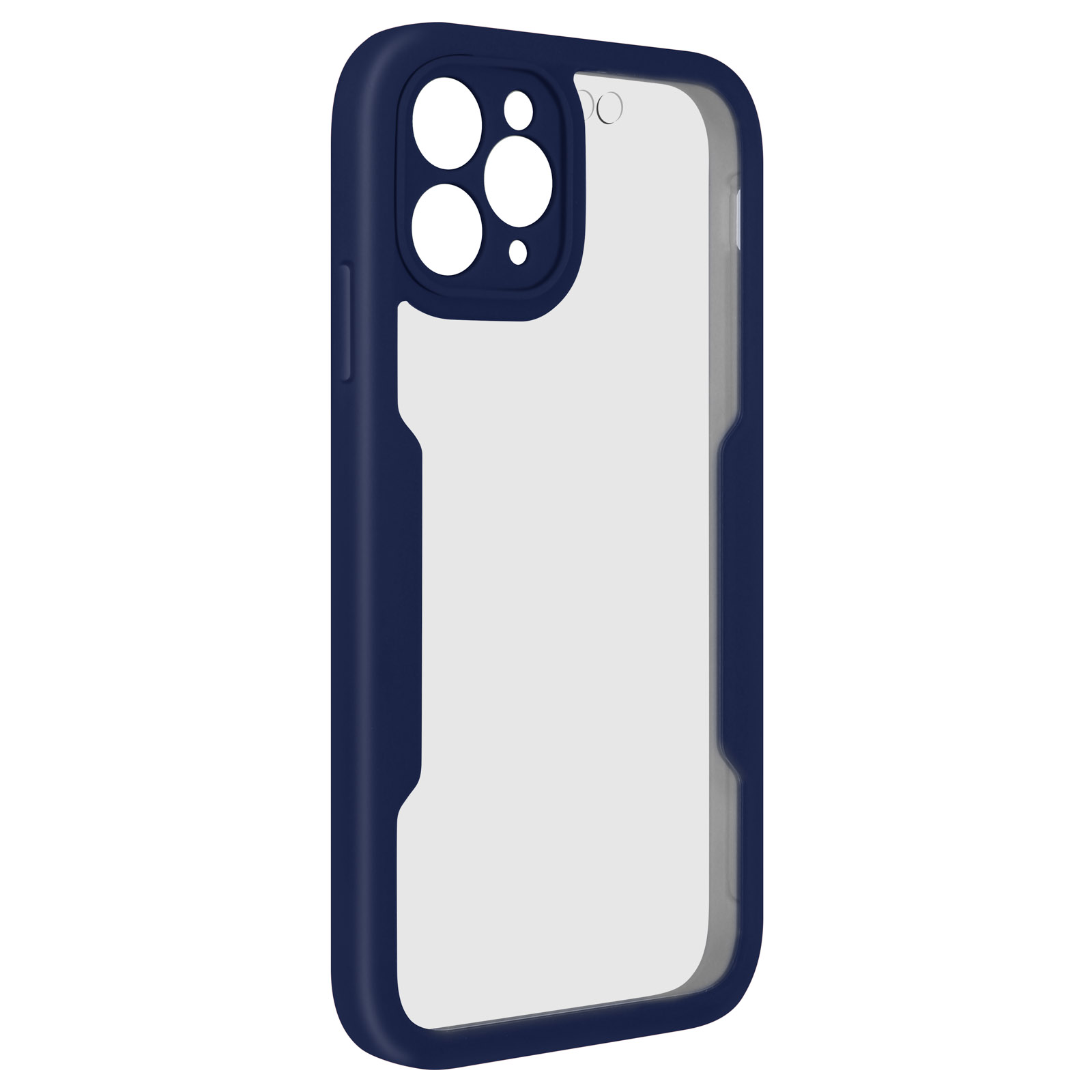 Custodia per telefono blu scuro. È trasparente al centro e ha un ritaglio per la fotocamera.
