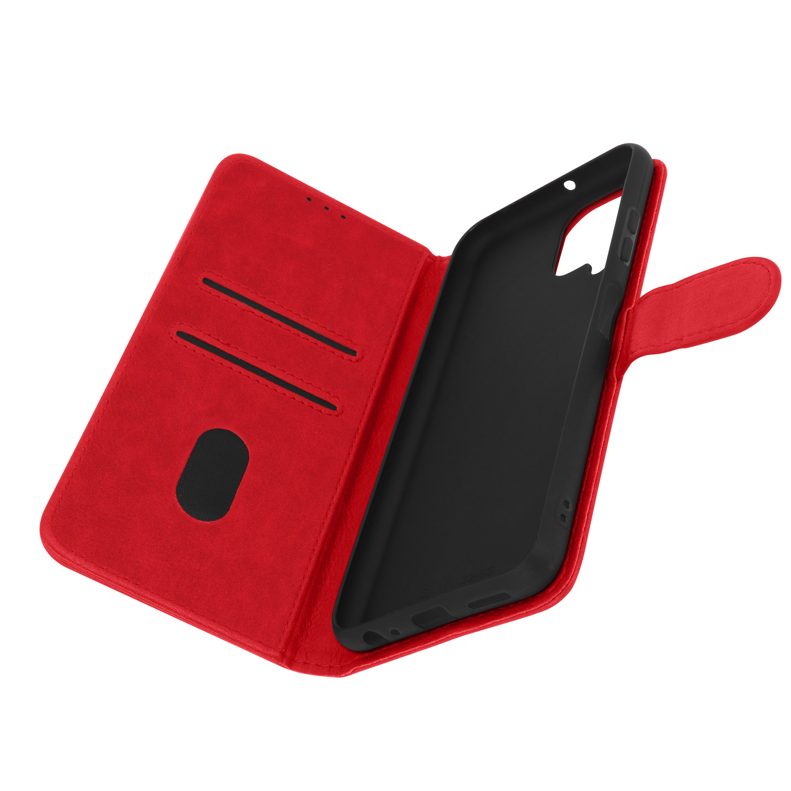 Un étui de téléphone rouge ouvert. Le téléphone est à l'intérieur de l'étui noir. Il y a des fentes pour cartes à gauche.