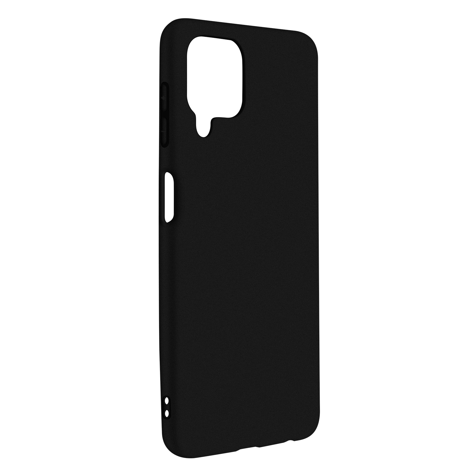 Una custodia per telefono nera con ritagli per i pulsanti e la fotocamera, visualizzata in posizione verticale.