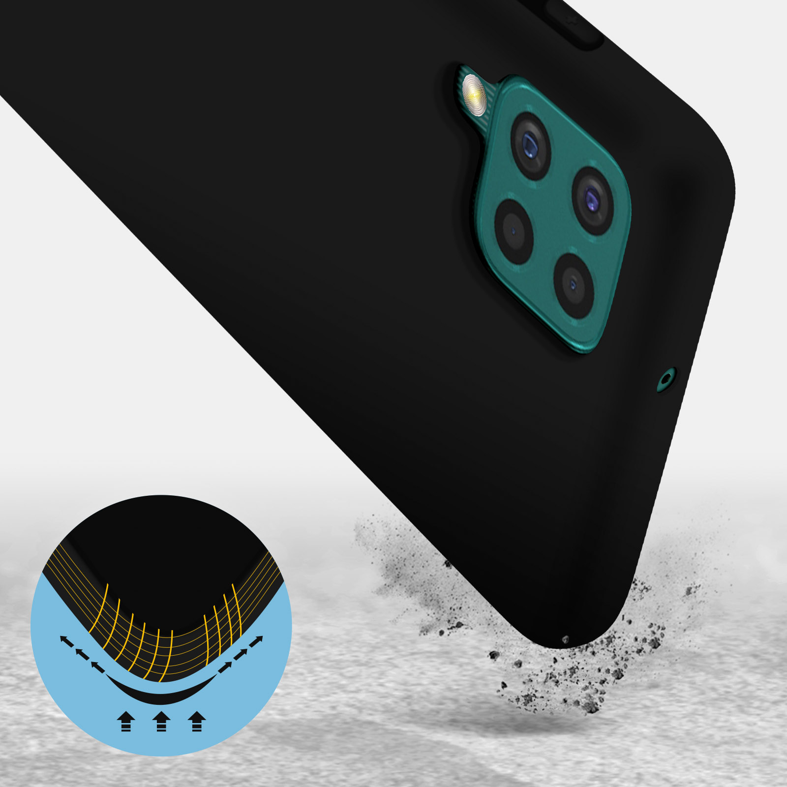 Custodia nera per telefono con fotocamera e grafica a cerchio blu che mostra la protezione contro le cadute.