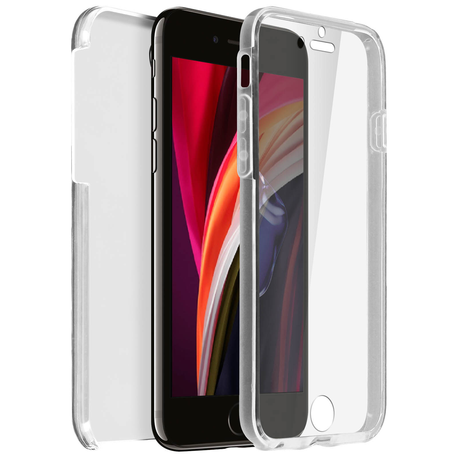Custodia trasparente e un telefono all'interno, tutto visibile nell'immagine.