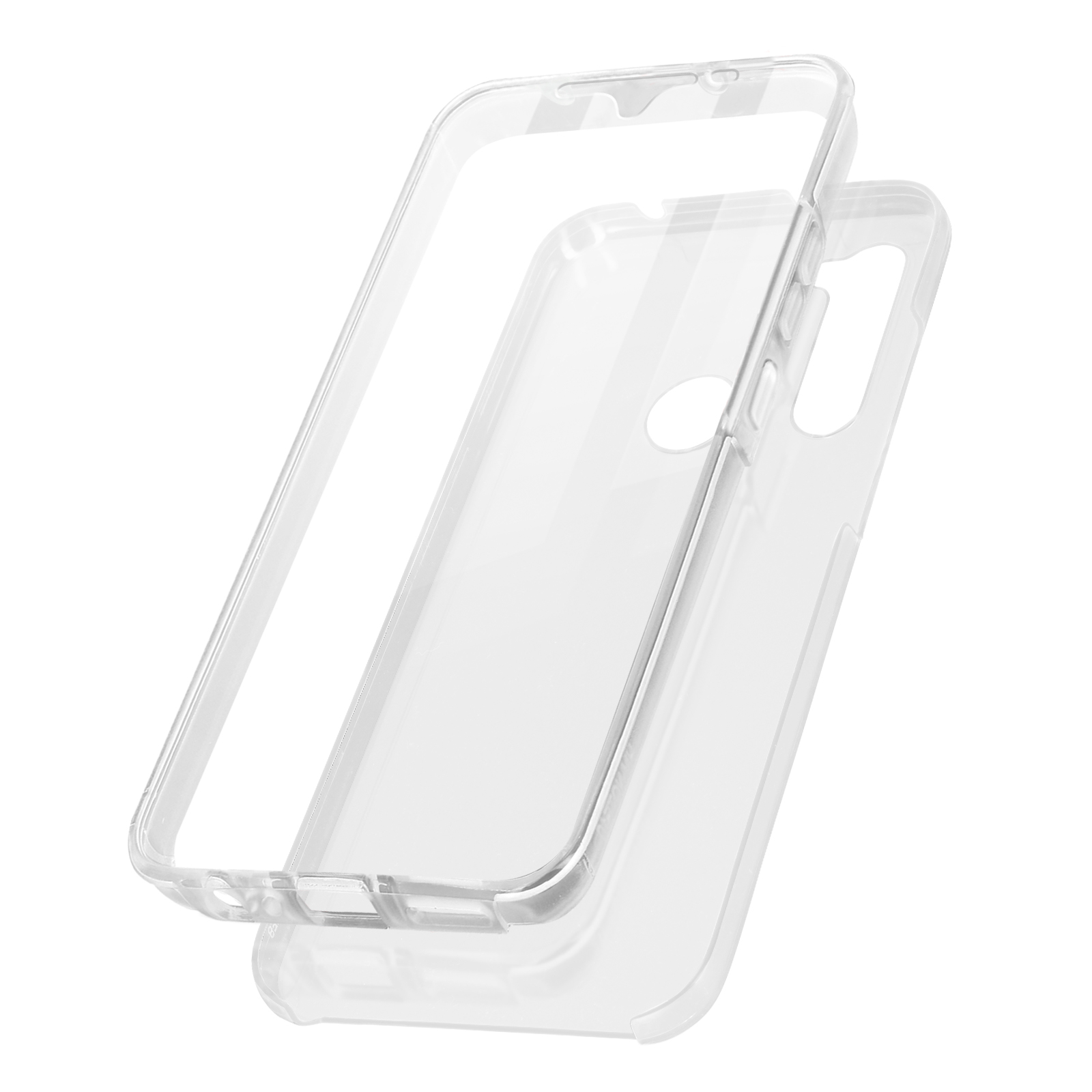Twee doorzichtige telefoonhoesjes, één open, met een binnenkant. De hoes is transparant en zonder telefoon.