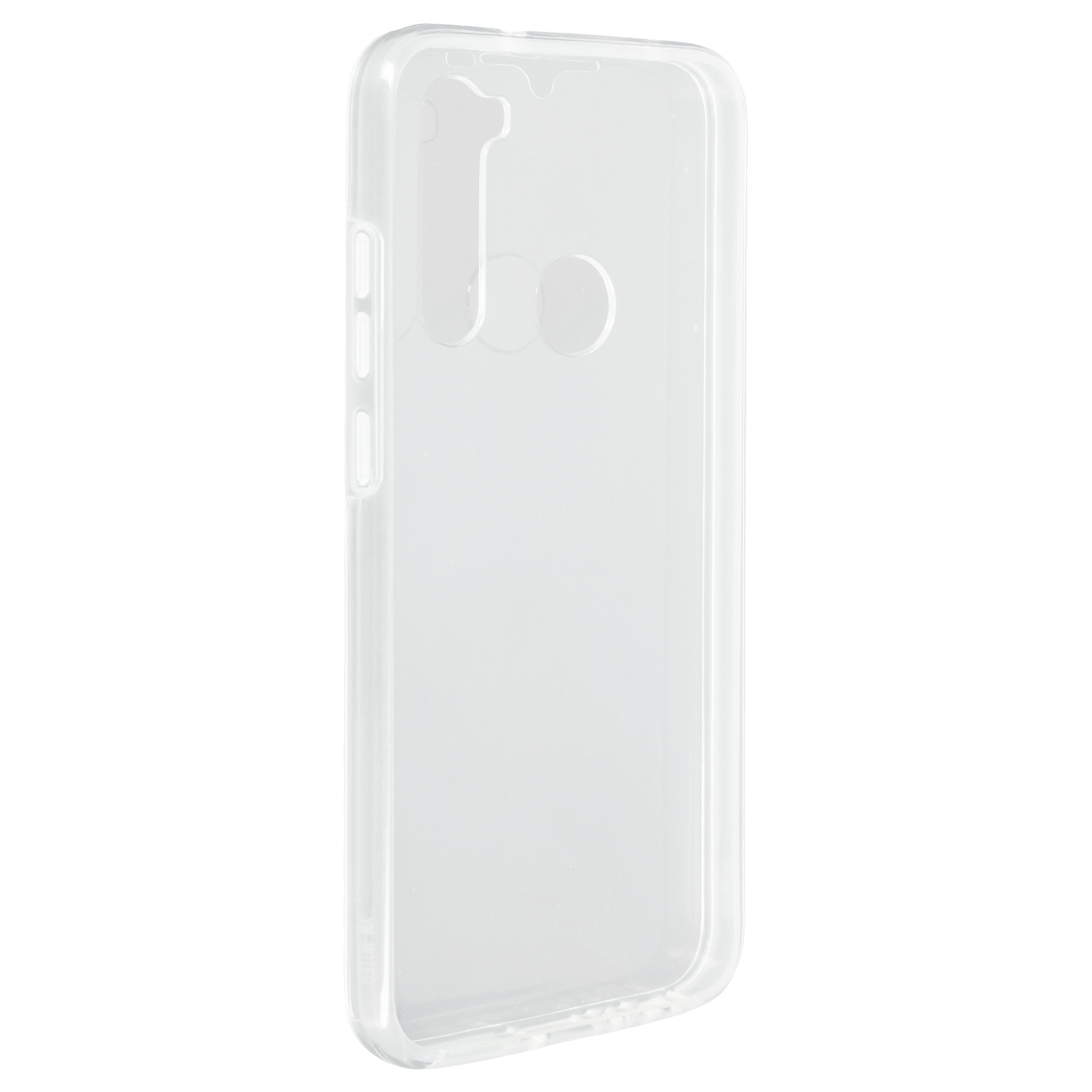 Een doorzichtige telefoonhoes van plastic, op een witte achtergrond.