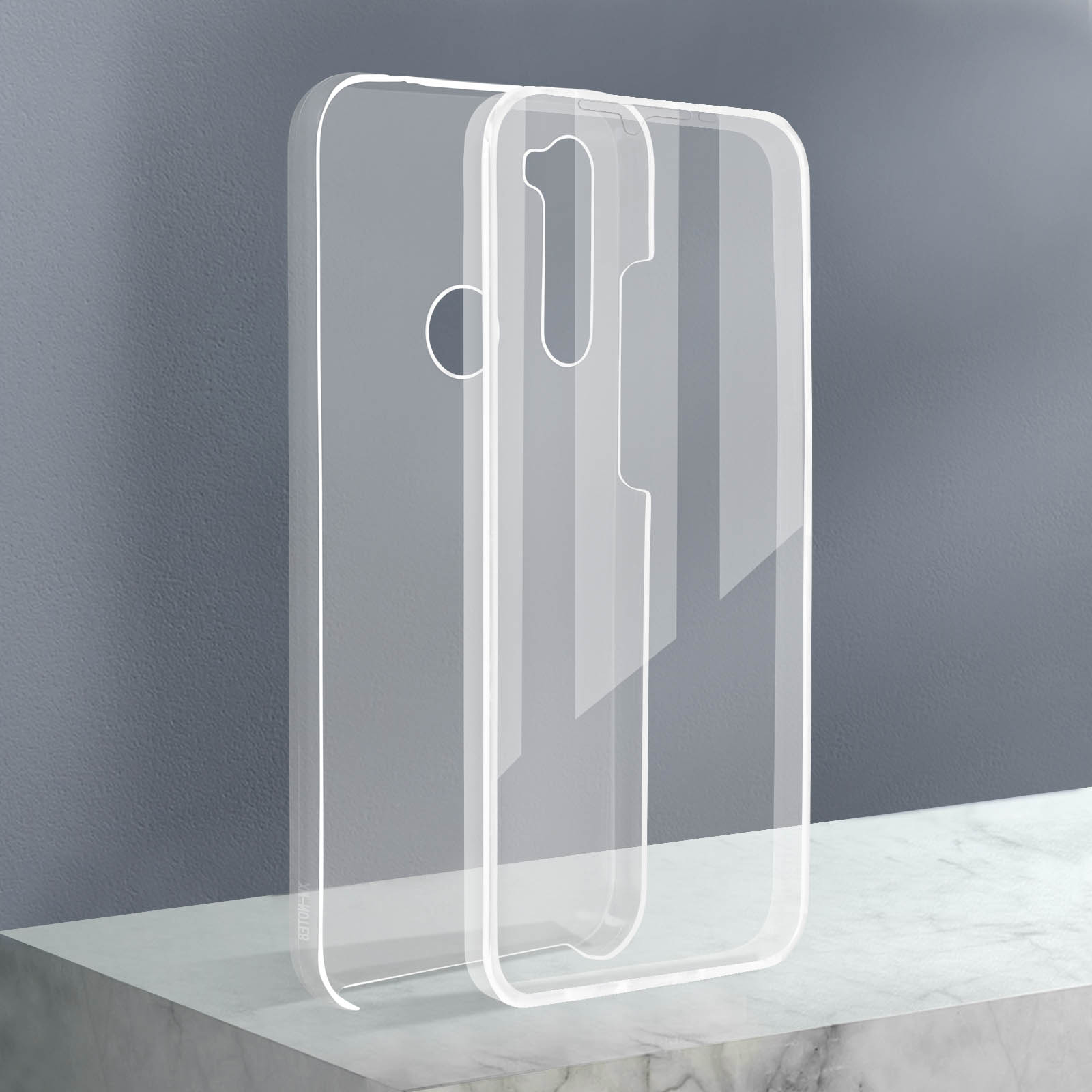 Twee helften van een transparante telefoonhoes. De helften liggen op een marmeren oppervlak, schuin naar de camera.