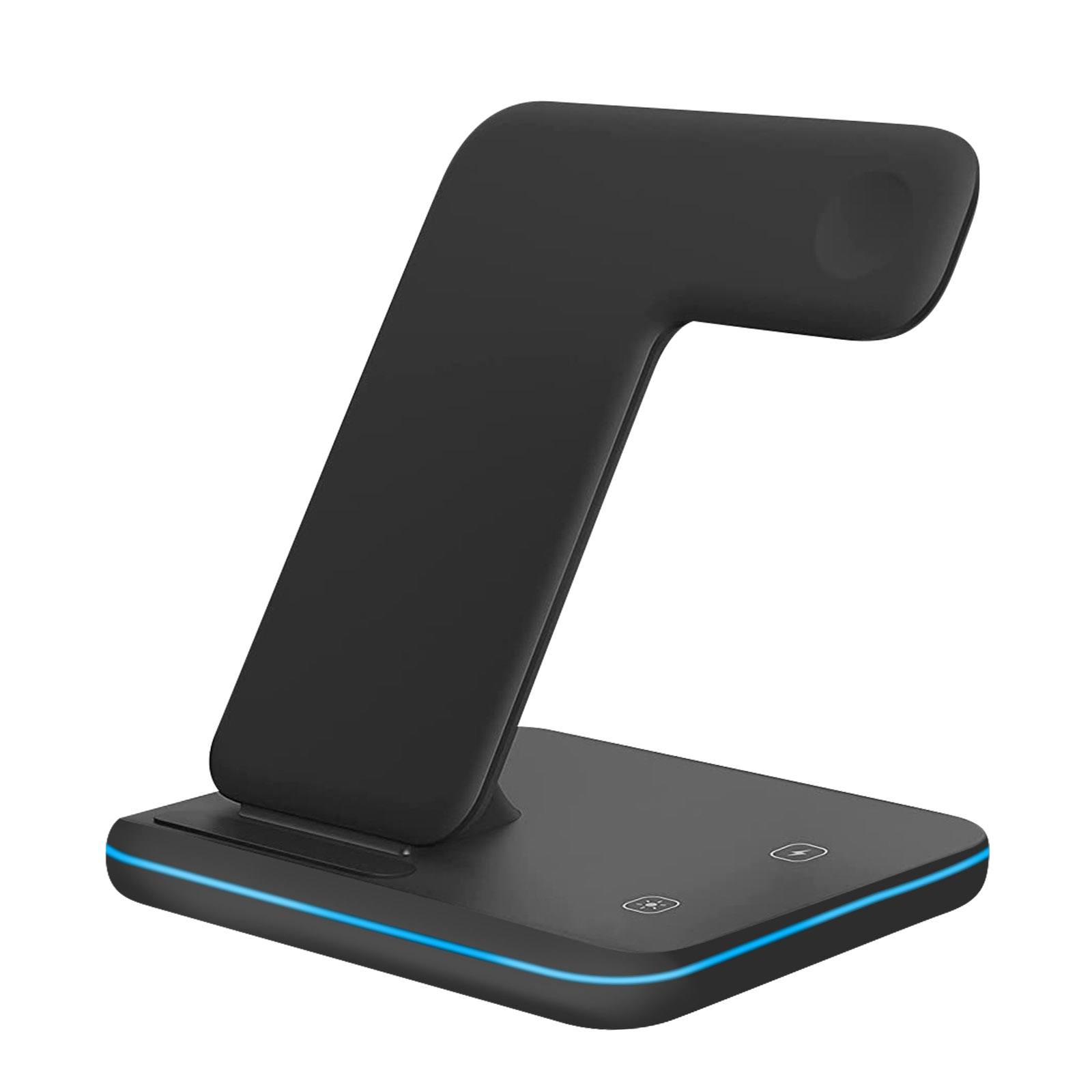 Caricabatterie wireless nero angolato con una luce blu che delinea la base. Sfondo bianco.