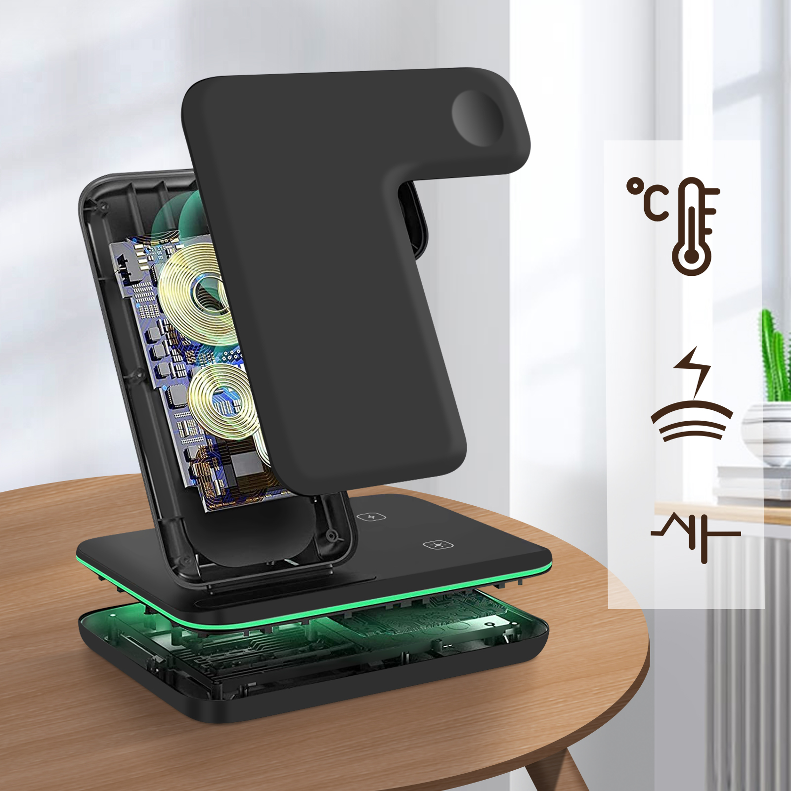 Caricabatterie wireless con un telefono sopra e un altro pezzo.