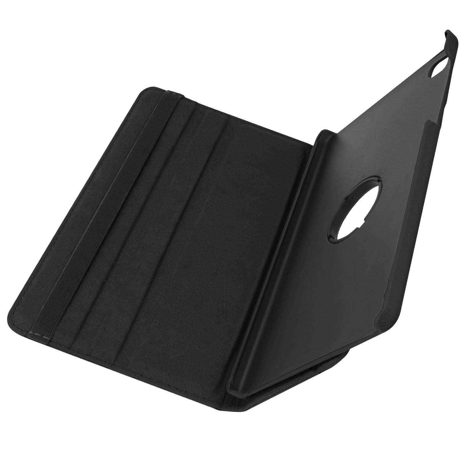 Una custodia per tablet nera, aperta per mostrare l'interno e una cinghia di tenuta.