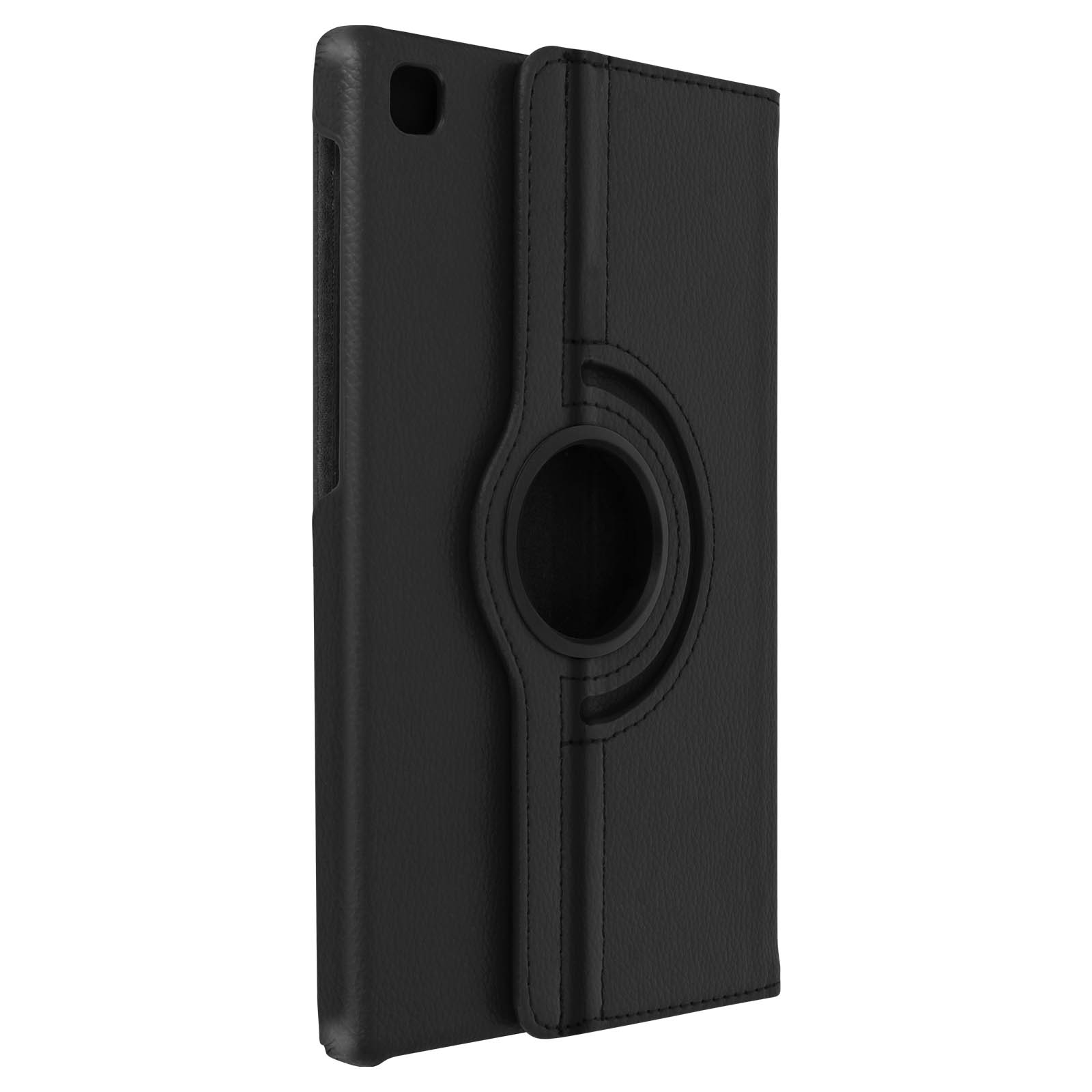 Custodia per tablet nera, chiusa con anello girevole.