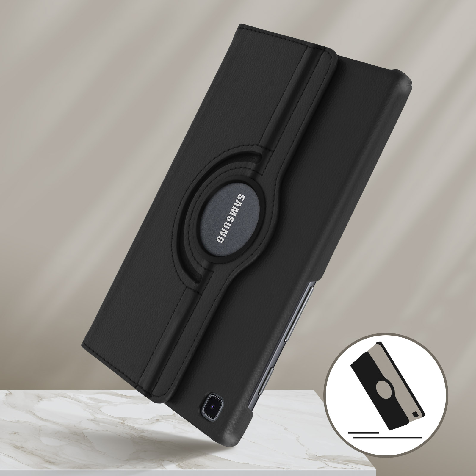 Custodia per tablet nera, aperta, che mostra un tablet e un supporto girevole.