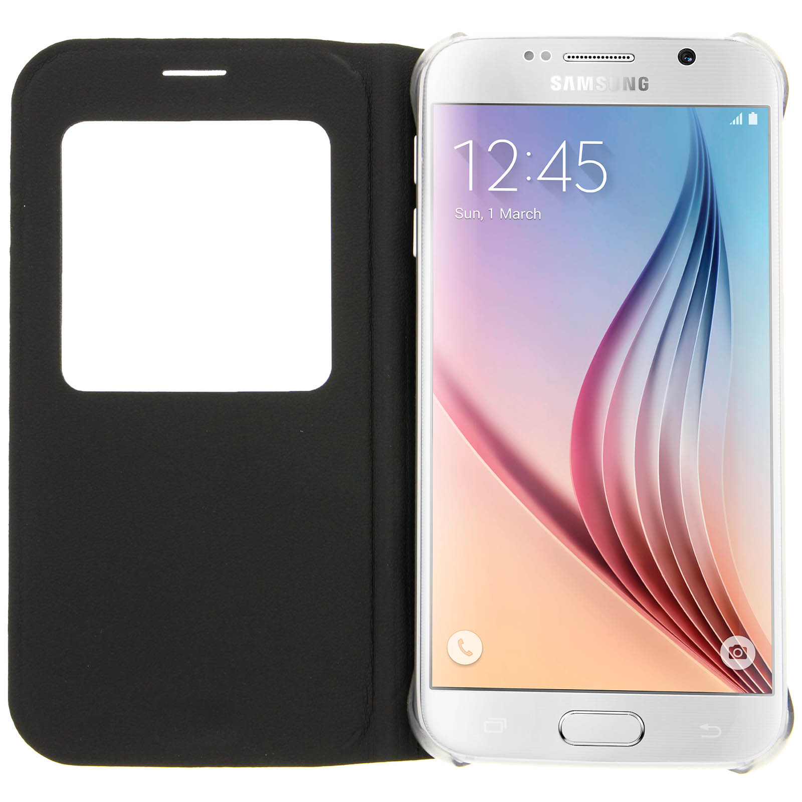 Telefono Samsung bianco con custodia a ribalta nera aperta, che mostra lo schermo con l'ora.