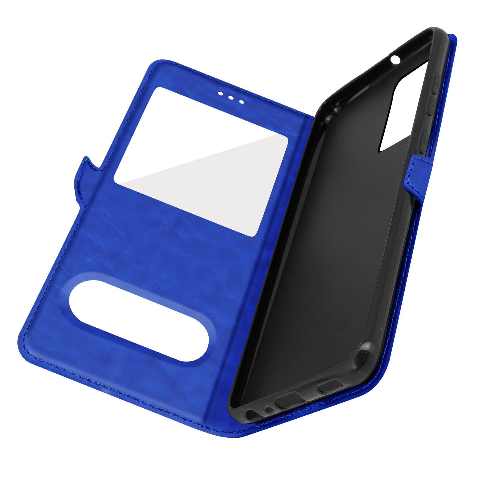 Una custodia blu aperta. Ha una finestra trasparente e un telefono nero all'interno.