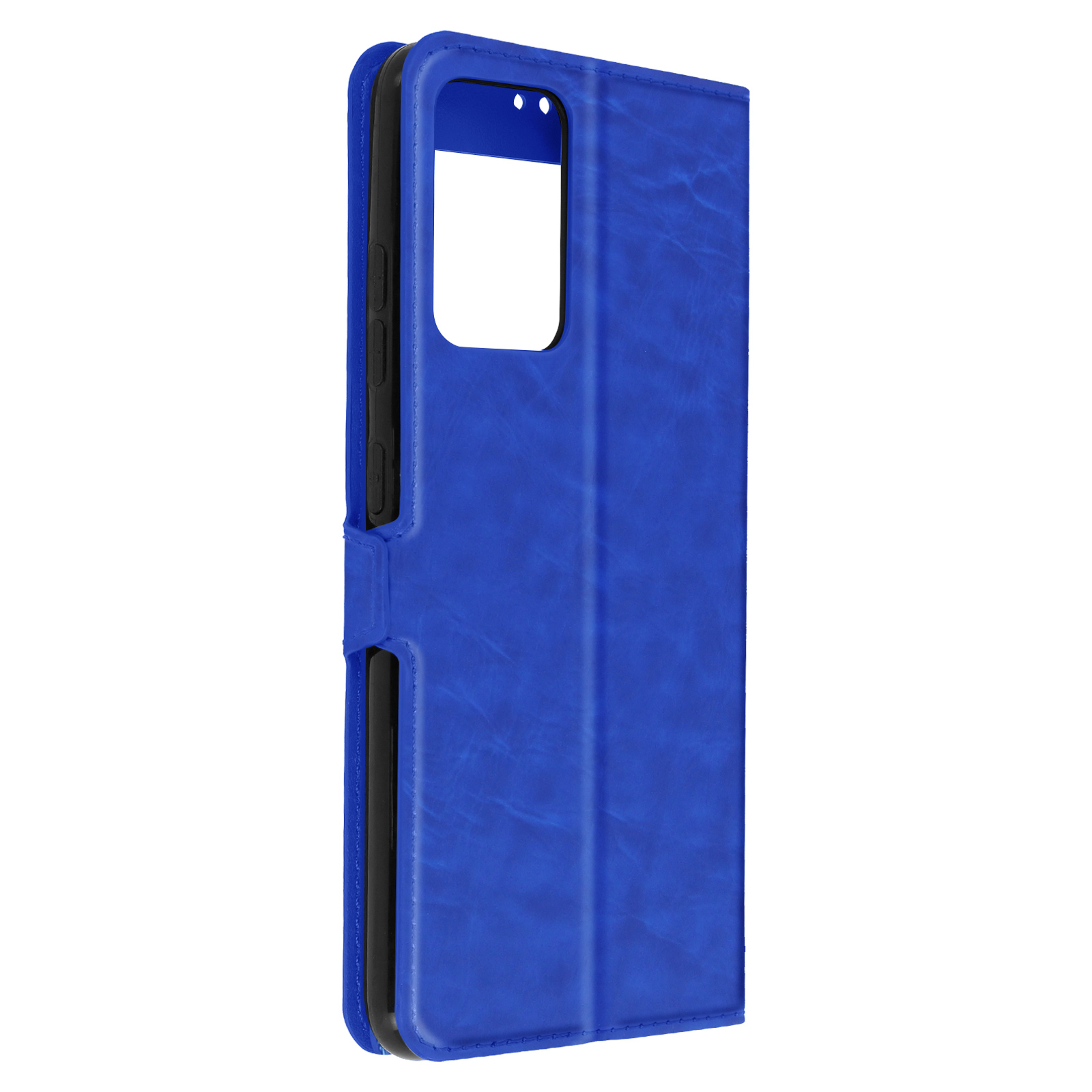 Una custodia blu per telefono, chiusa, con una trama simile alla pelle. Il retro è visibile, con l'area della fotocamera.