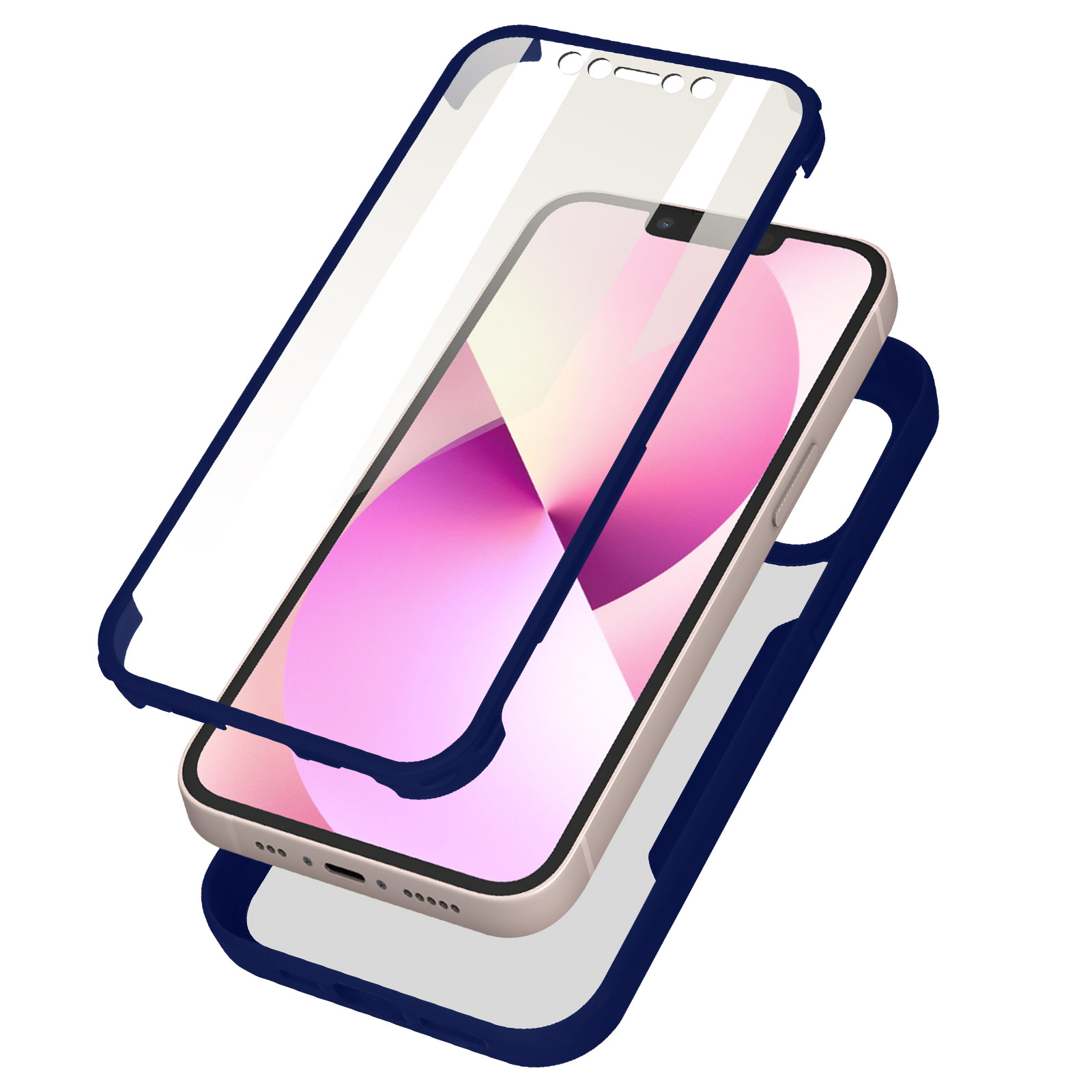 Un iPhone et un cadre. L'iPhone est dans un cadre bleu. Le cadre a un protecteur d'écran.