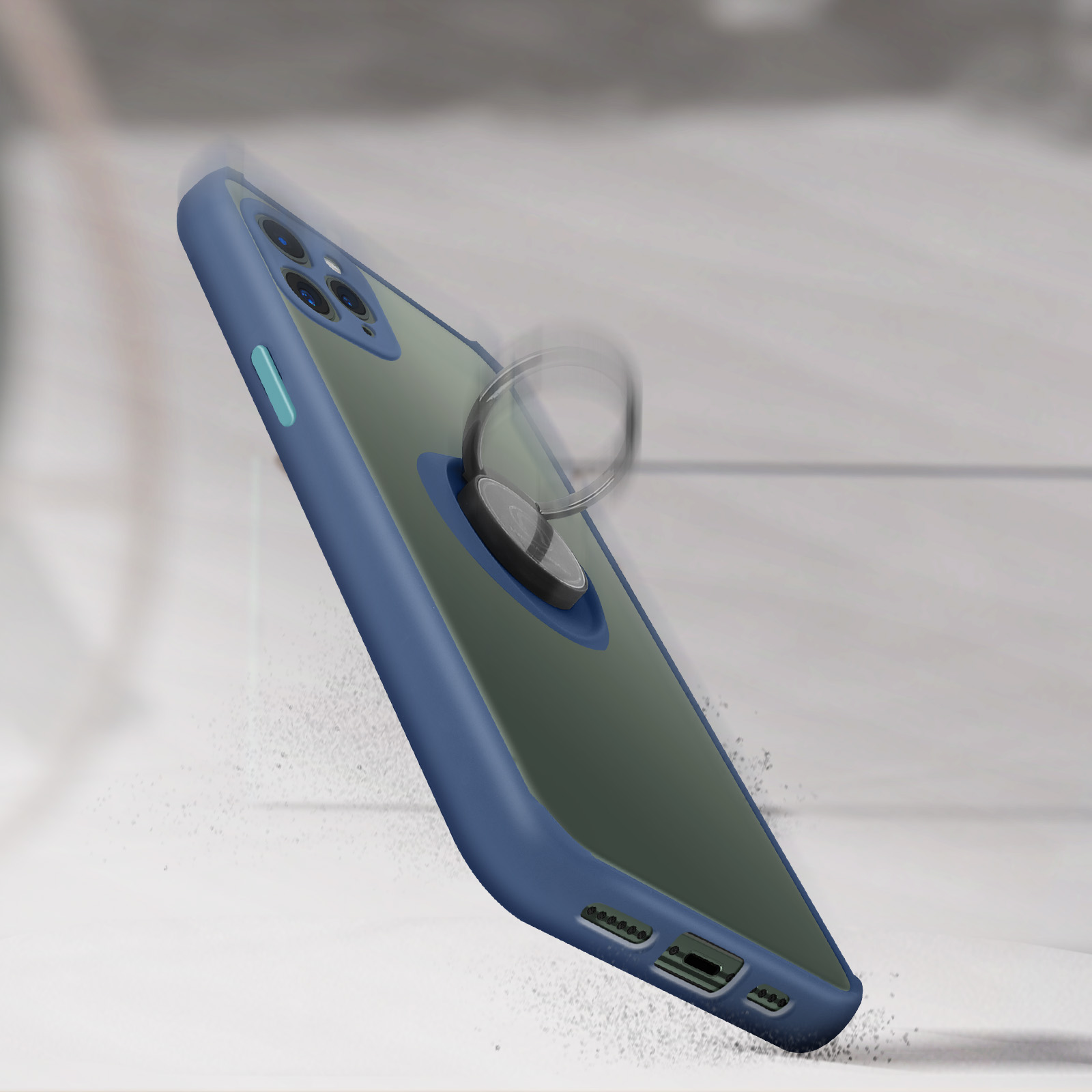 Coque de téléphone bleue avec anneau. Le téléphone tombe. Surface blanche.