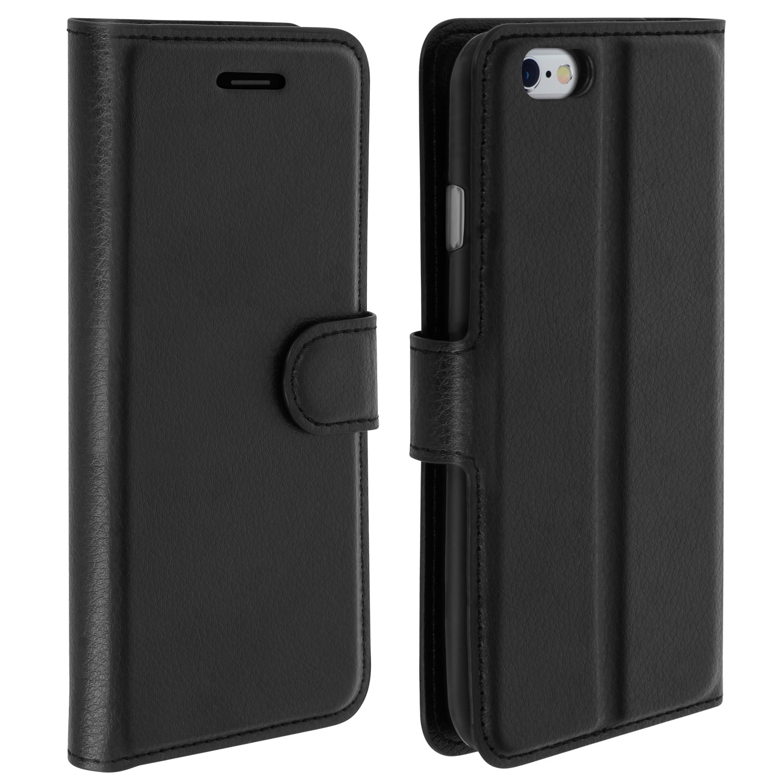 Custodia per telefono in pelle nera, chiusa e aperta, con telefono all'interno.