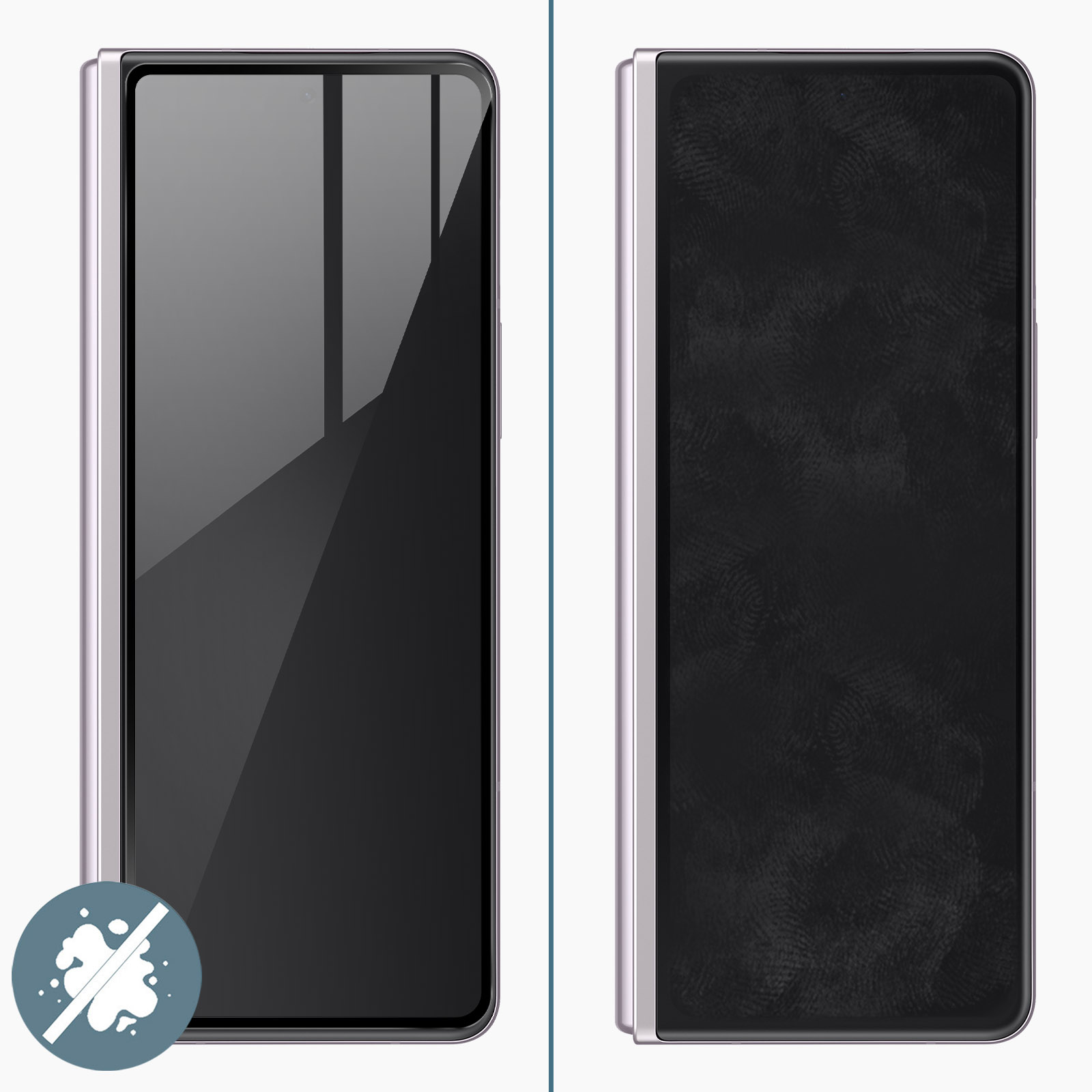Telefono pieghevole, a sinistra aperto, a destra chiuso, cornice argentata, schermi neri. Nessuna impronta digitale visibile sullo schermo aperto.
