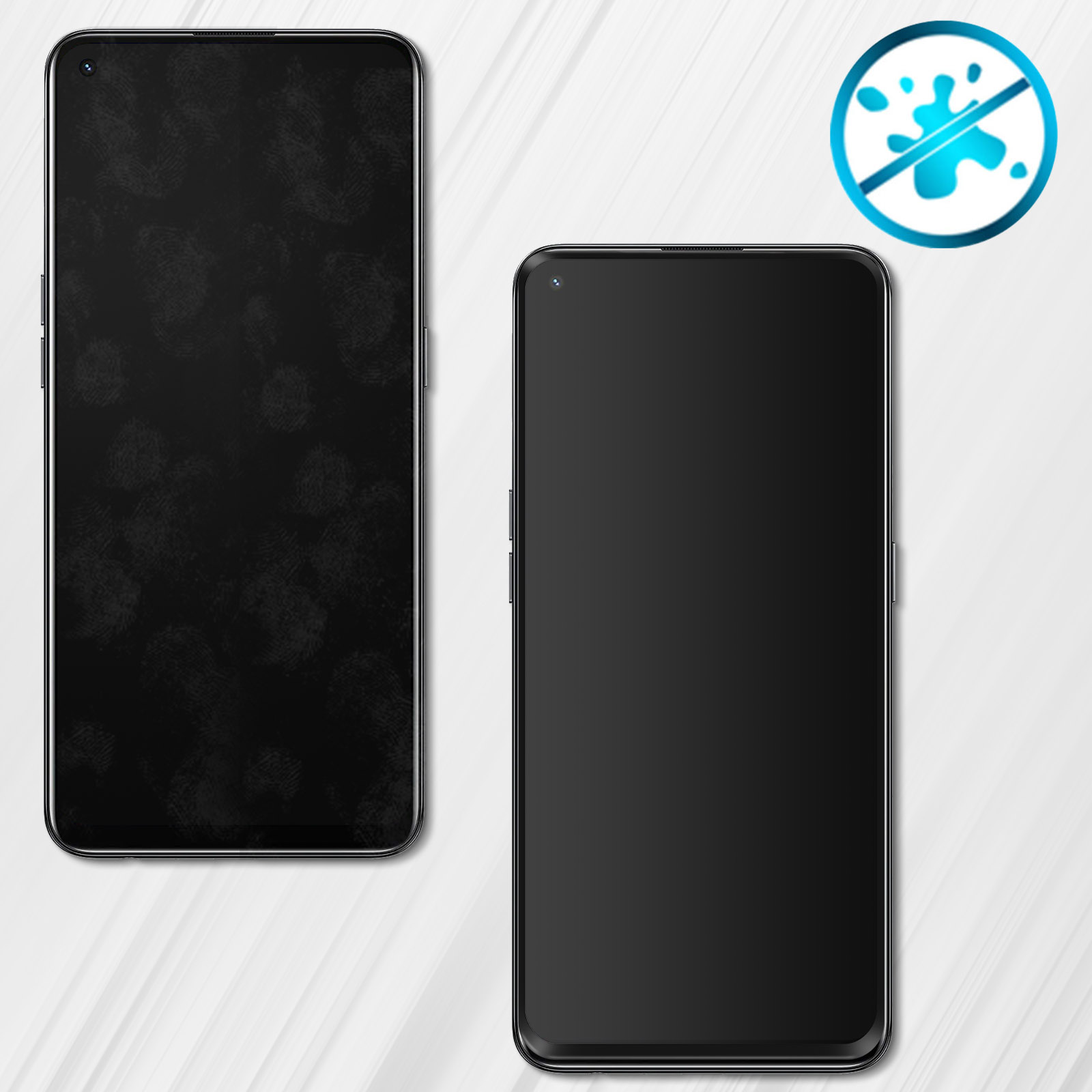Due smartphone neri, uno con impronte digitali, l'altro pulito. Un'icona resistente all'acqua in alto a destra.