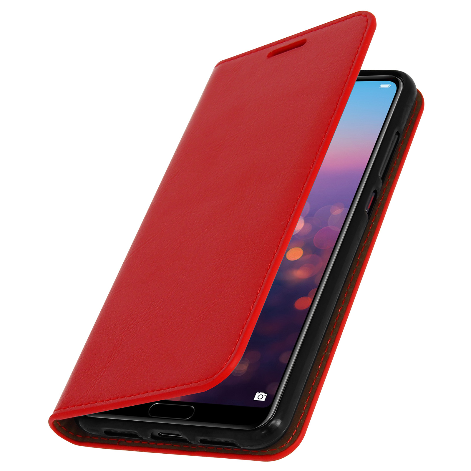 Una custodia per telefono rossa, aperta, con un telefono dentro. Il display del telefono mostra uno schermo scuro.