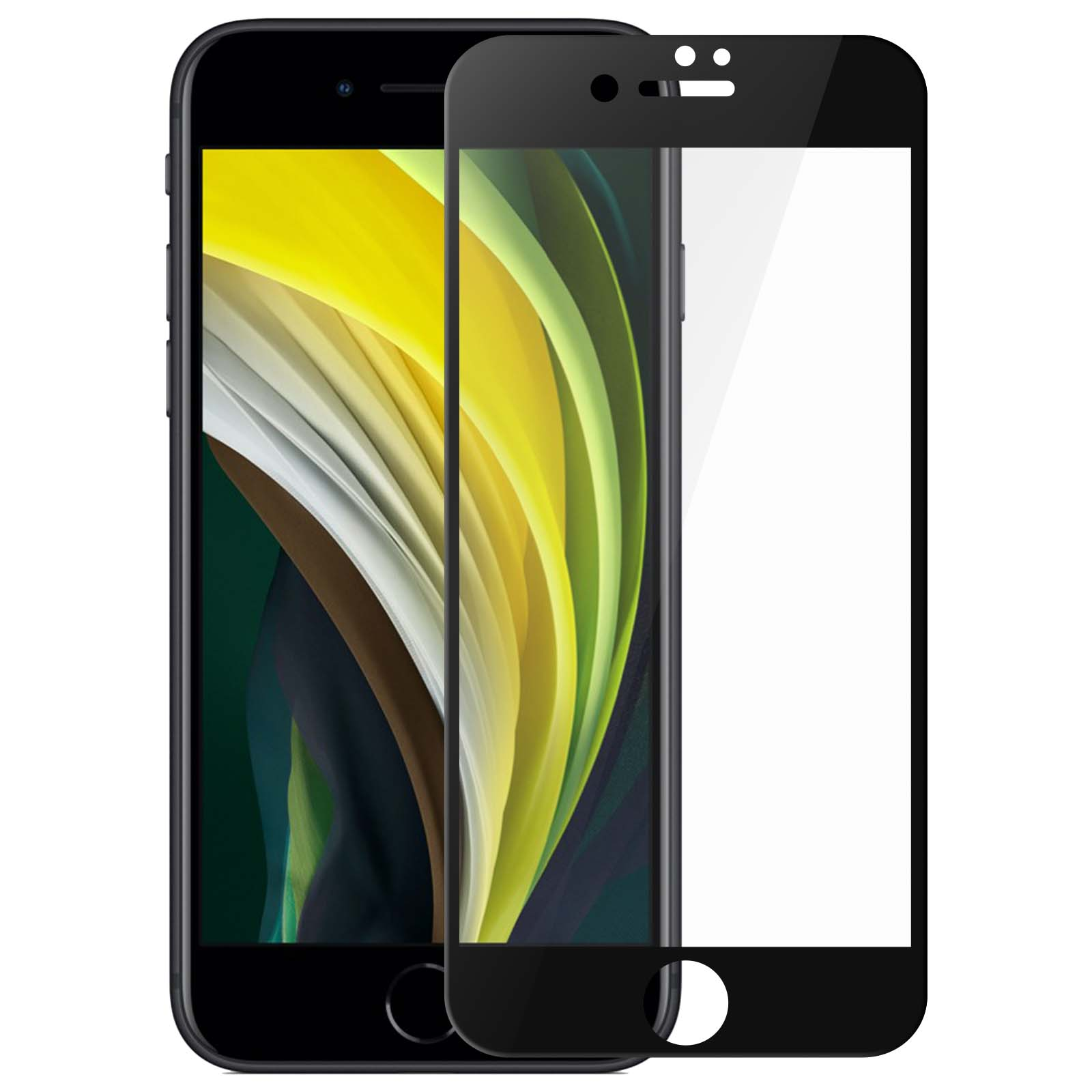 Telefoon met screenprotector, zwarte rand, witte achtergrond.