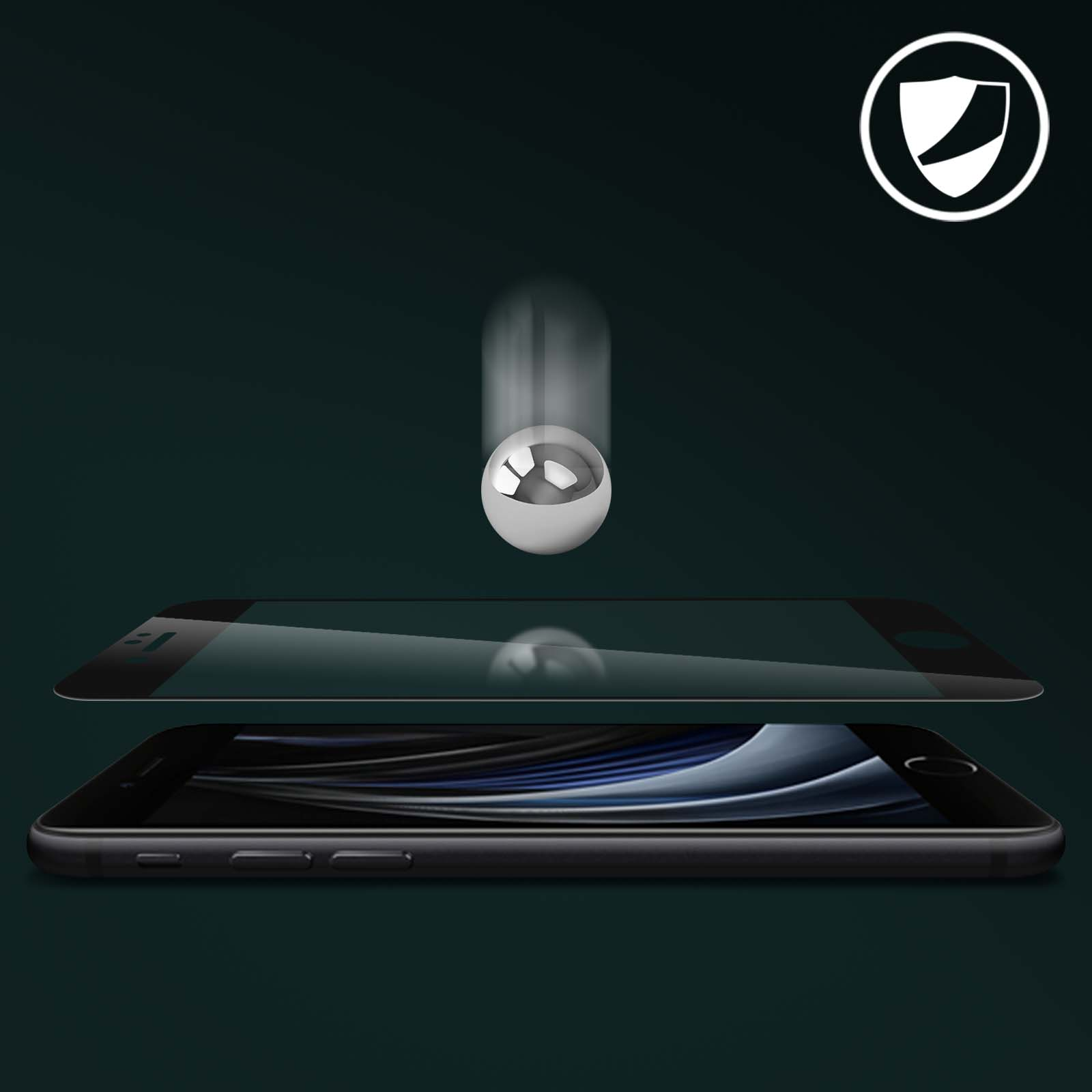 Smartphone con protezione schermo, palla che cade e icona scudo su sfondo verde scuro.