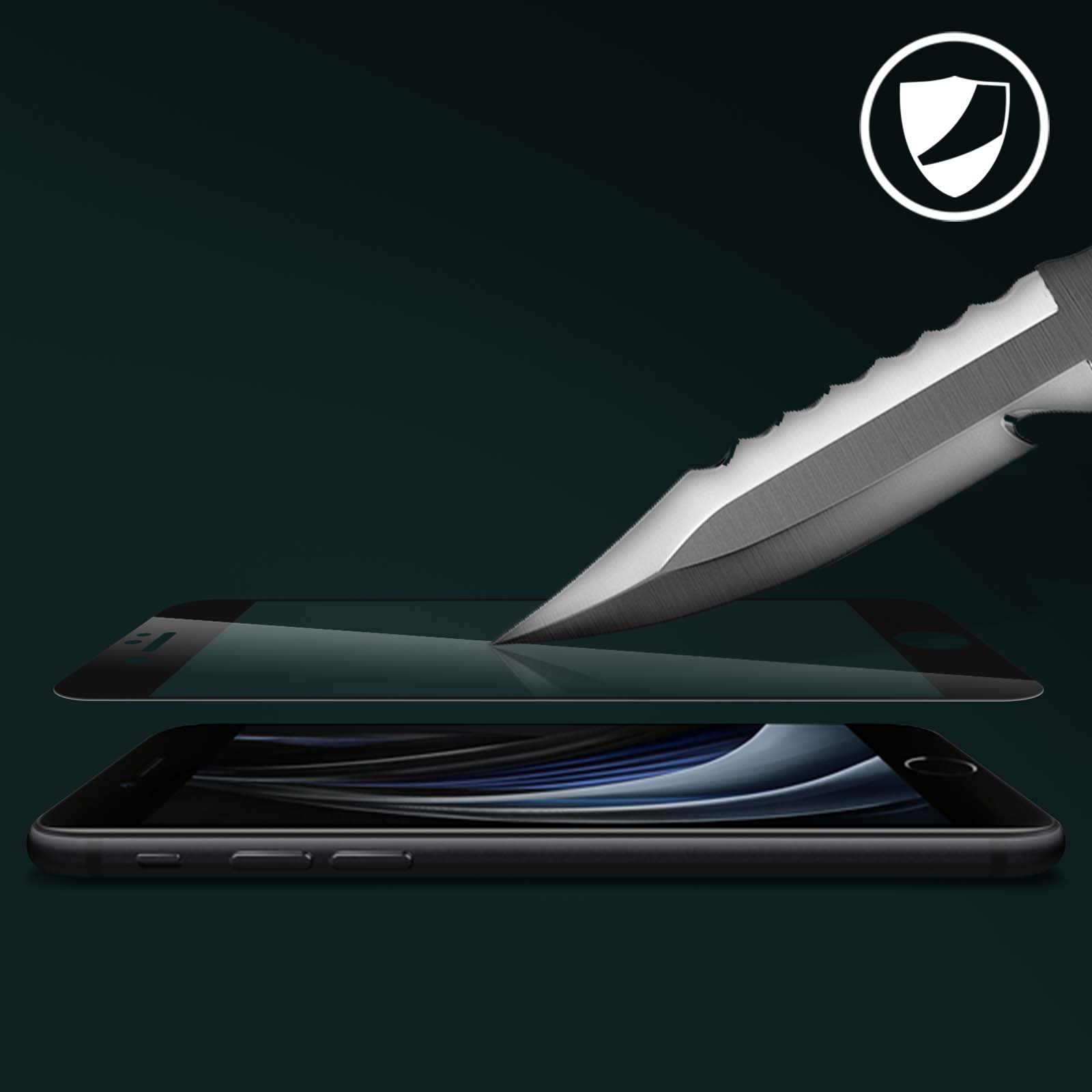 Telefono con protezione schermo, coltello colpisce schermo, sfondo scuro.