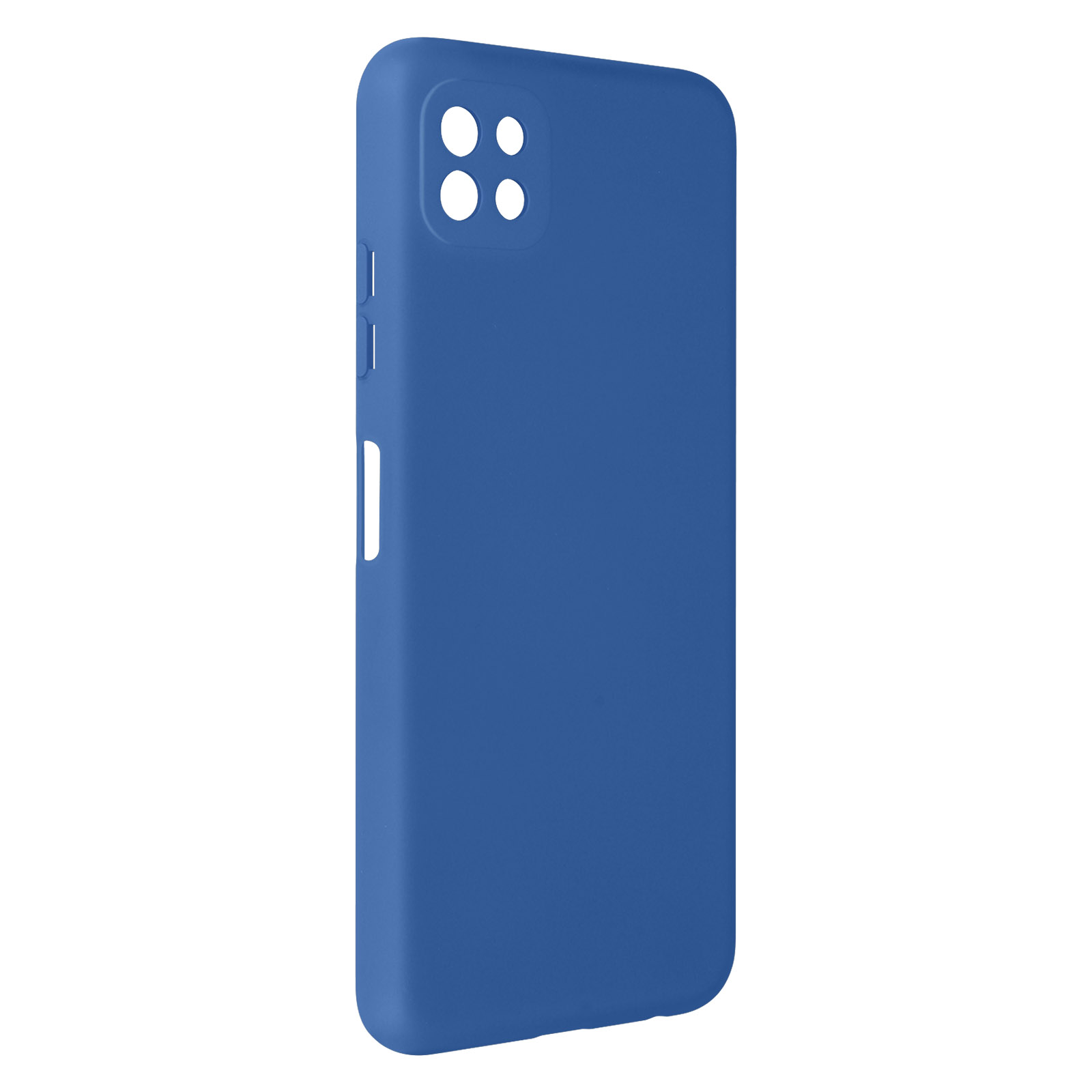 Custodia blu per telefono con aperture per fotocamera e pulsanti. Superficie blu.