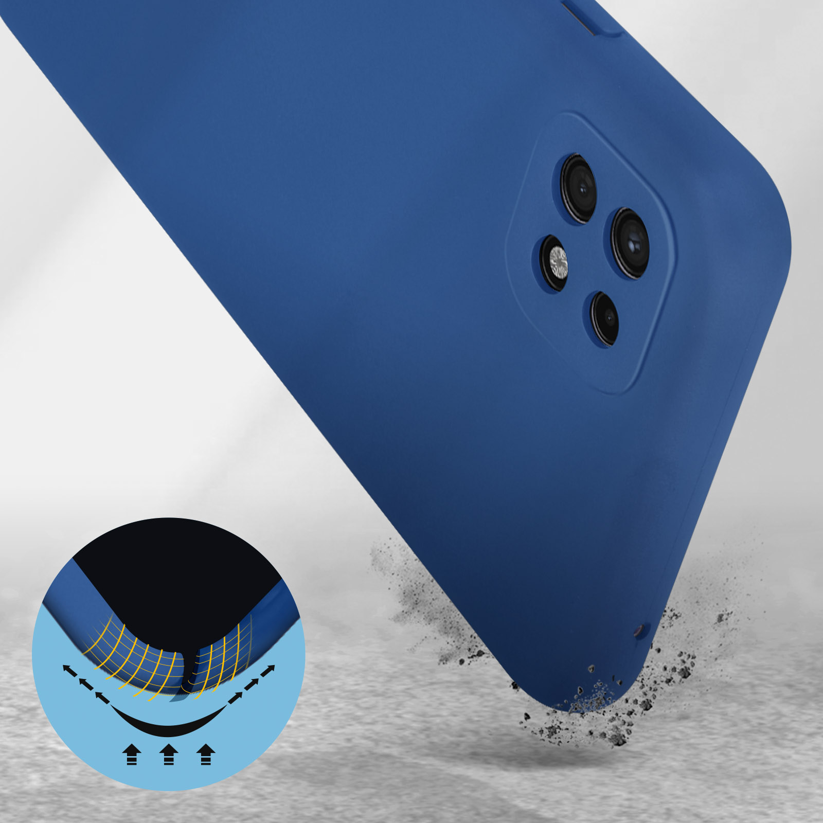Una custodia per telefono blu è mostrata angolata con un piccolo cerchio che mostra la resistenza agli urti. Sporco intorno.