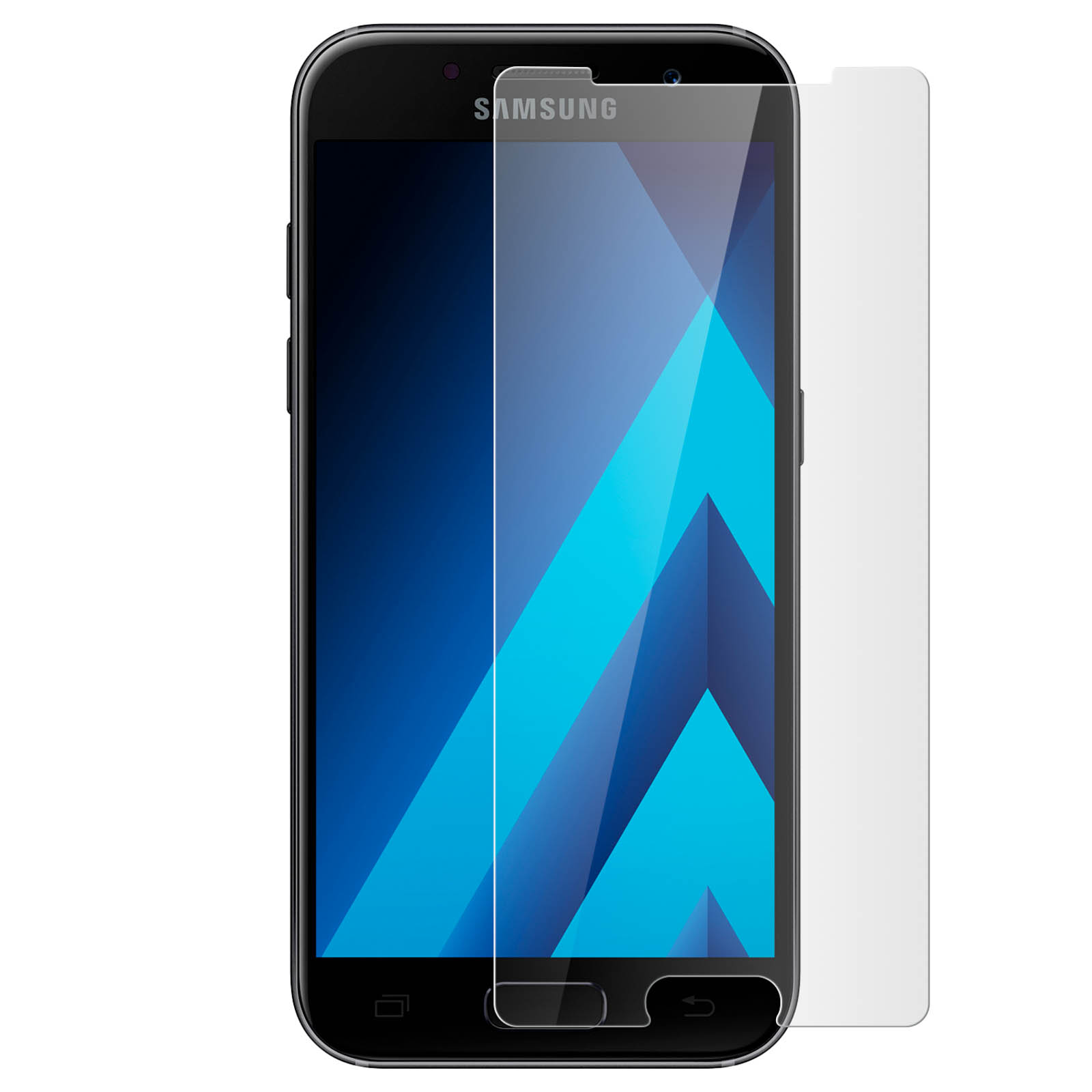 Un telefono con una protezione per lo schermo. Il telefono è nero con uno sfondo blu.