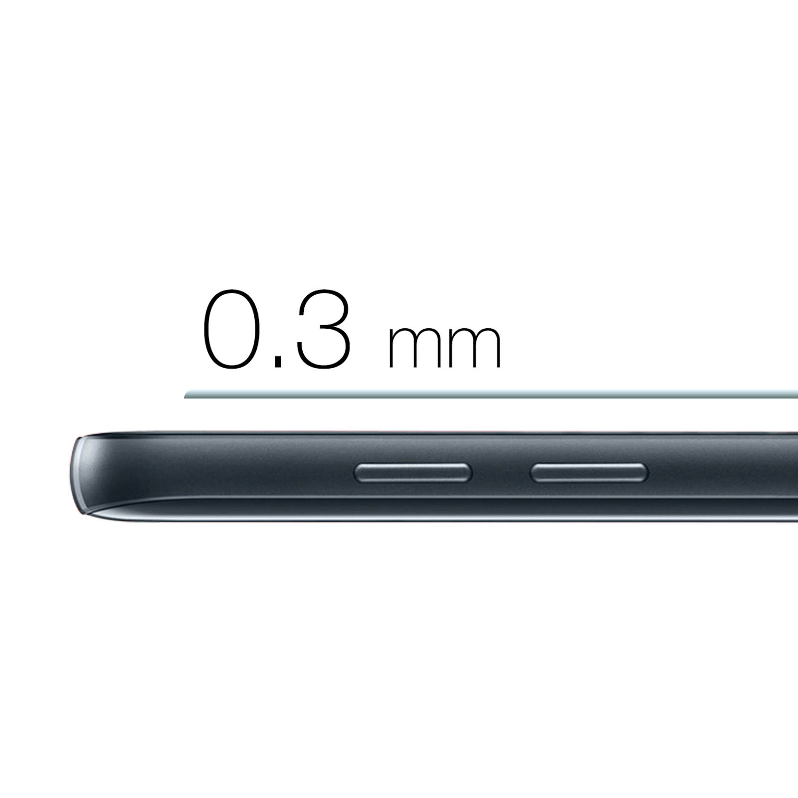 Primo piano del lato di un telefono. Il testo '0,3 mm' è sopra il telefono, indicando lo spessore.