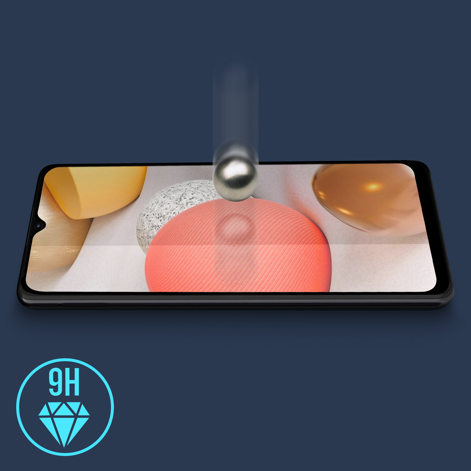 Écran de téléphone avec des formes colorées. Une sphère tombe vers l'écran. Un logo diamant 9H est en bas à gauche.